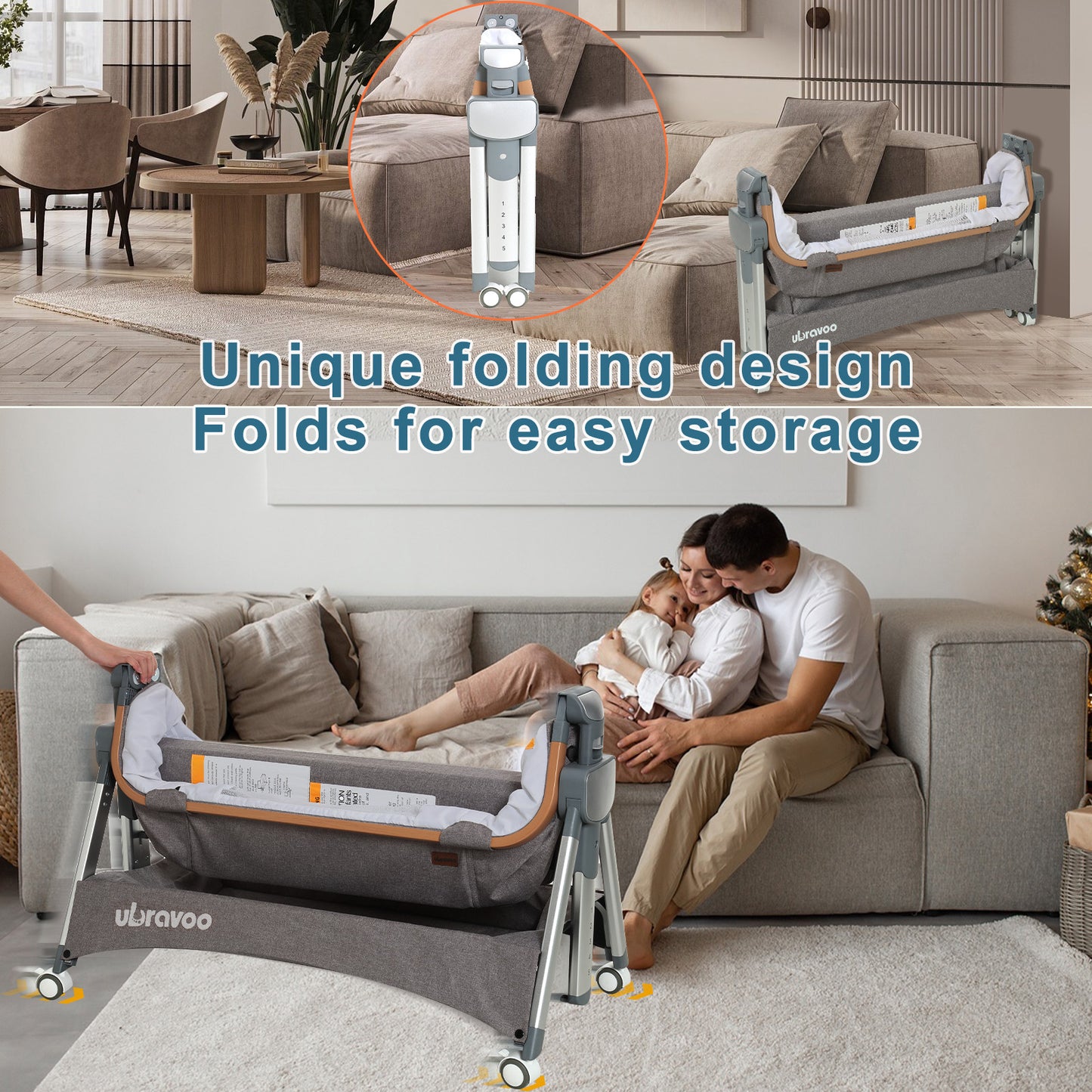 UBRAVOO Beistellbett Baby,Multifunktionales Baby Reisebett mit Matratze,Tragbares Nachtbett mit Integrierten Leisen Rädern für Kleinkinder/Neugeborene