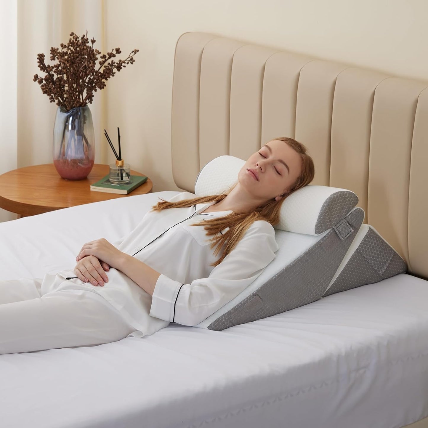 Wedge Pillow Headboard, 3PCS Orthopedic Bed Wedge Pillows Set for After Surgery, Adjustable Pillow Wedge for Acid Reflux&Back Pain Relief, Sleeping, Back Pillow for Bed Sitting Up, White/Grey