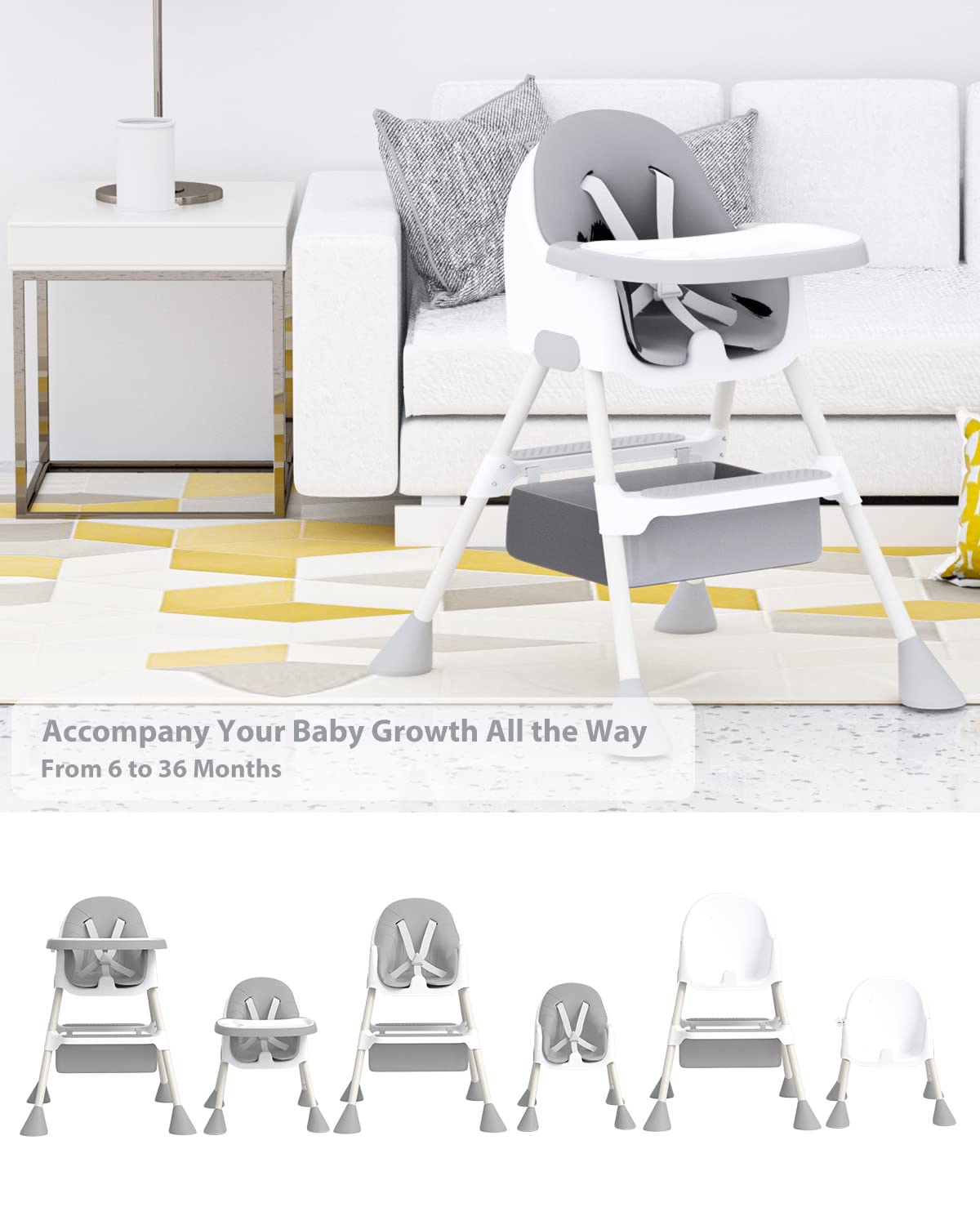 UBRAVOO Hochstuhl Baby, 2-in-1 Hochstuhl für Babys und Kleinkinder mit Fußstütze, abnehmbares Doppeltablett, Einfach zu Montierender Kinderhochstuhl für Jungen und Mädchen ab 6 Monate, HA-019 (Grau)
