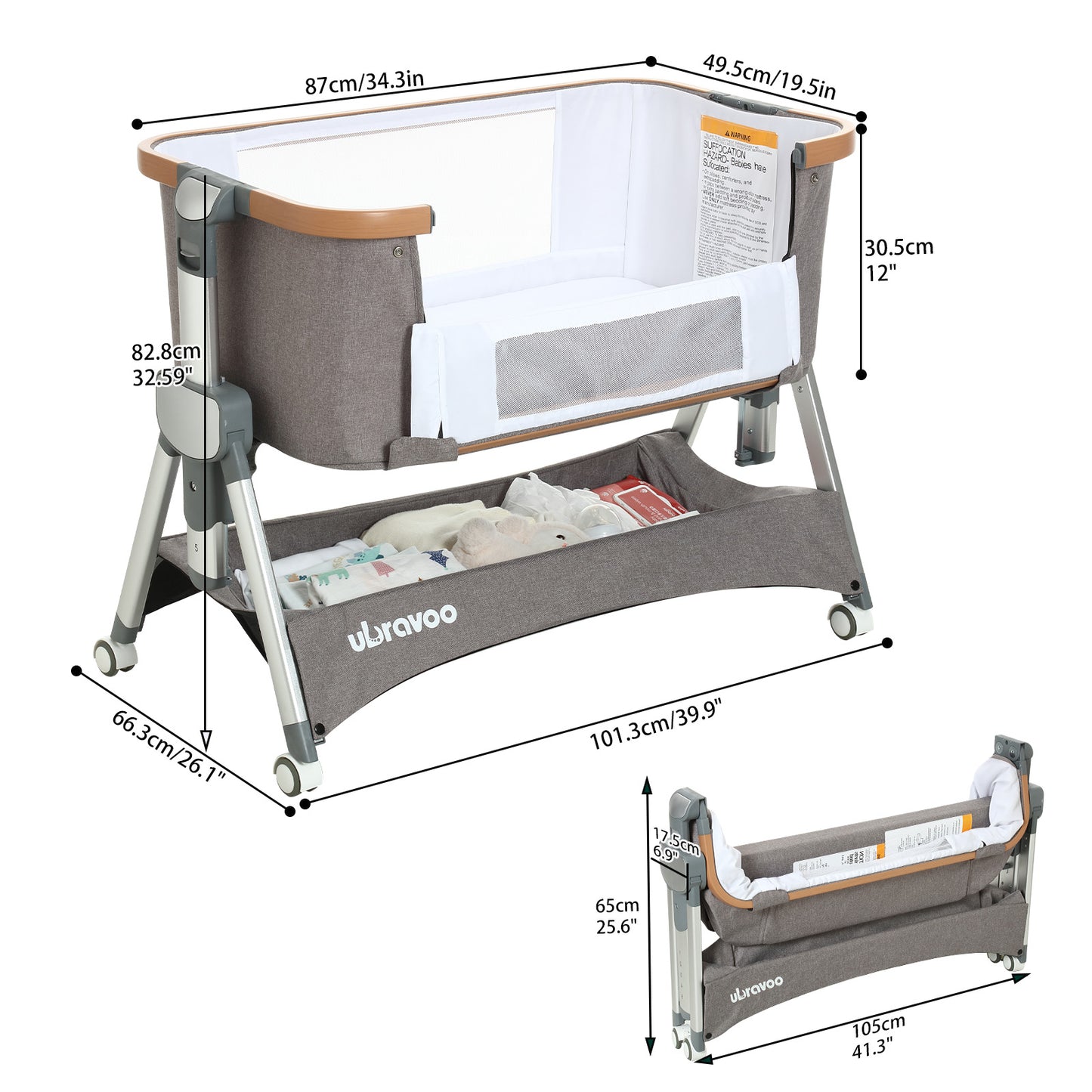 UBRAVOO Beistellbett Baby,Multifunktionales Baby Reisebett mit Matratze,Tragbares Nachtbett mit Integrierten Leisen Rädern für Kleinkinder/Neugeborene