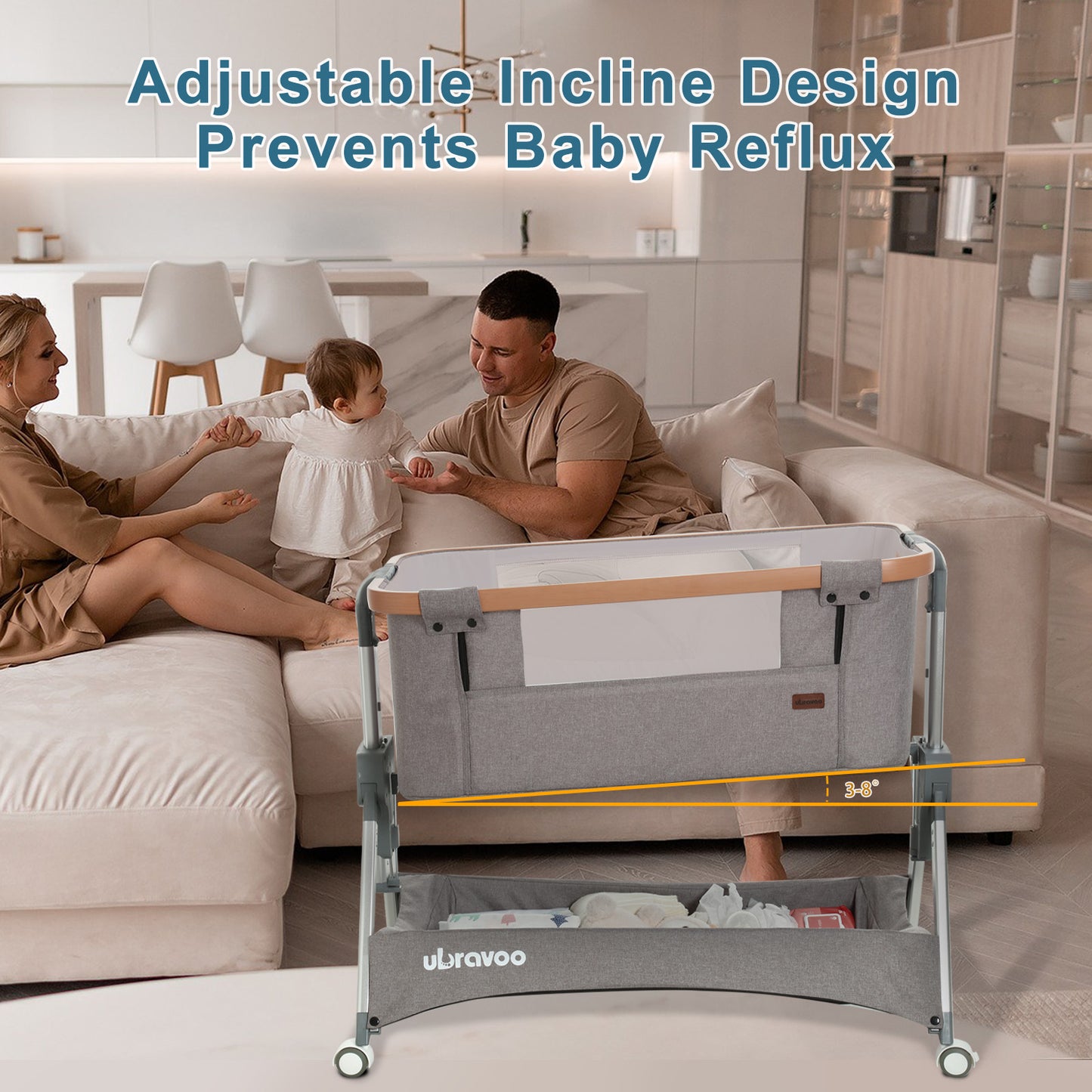 UBRAVOO Beistellbett Baby,Multifunktionales Baby Reisebett mit Matratze,Tragbares Nachtbett mit Integrierten Leisen Rädern für Kleinkinder/Neugeborene
