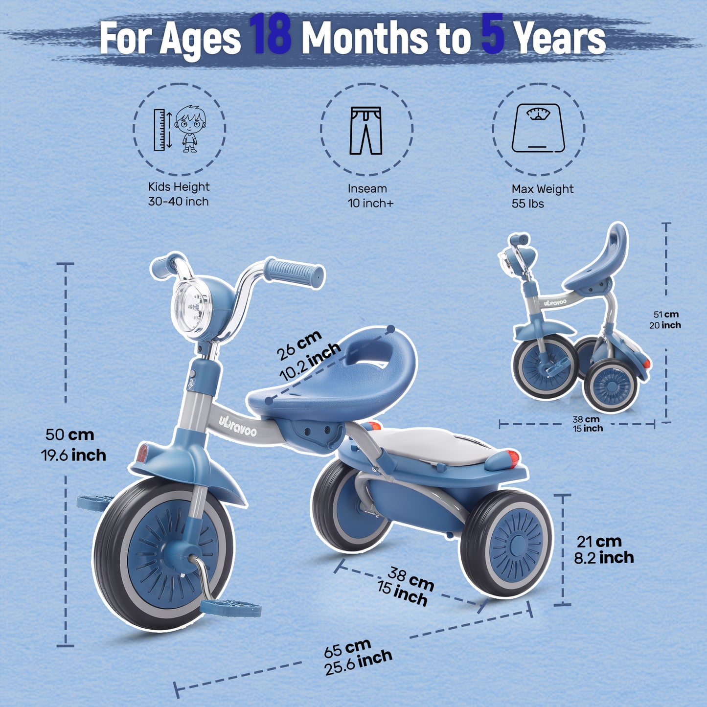 UBRAVOO Baby Dreirad, Klappbares Kleinkind-Dreirad mit Pedalen, Coole Lichter, Robuste Räder und Bequemer Sitz, Baby Erstes Lauflern-Dreirad für 1-5 Jahren im Alter Mädchen und Jungen (Blau)