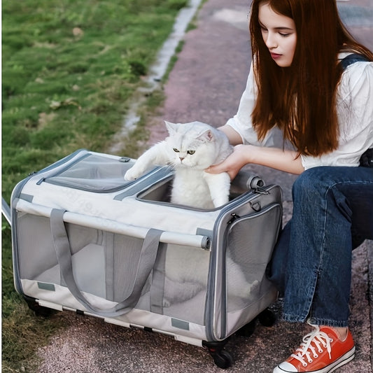 Rollende Transportbox mit zwei Fächern und Rädern für 2 Katzen und Welpen - abnehmbare Transportbox mit bequemem Griff und atmungsaktiven Mesh-Fenstern