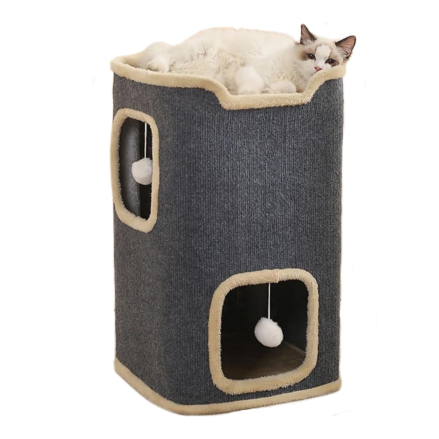 2-lagiges Katzenhaus für Hauskatzen, langlebiges Katzenwürfel-Spielhaus mit baumelnden Bällen, perfekt für mehrere Haustiere