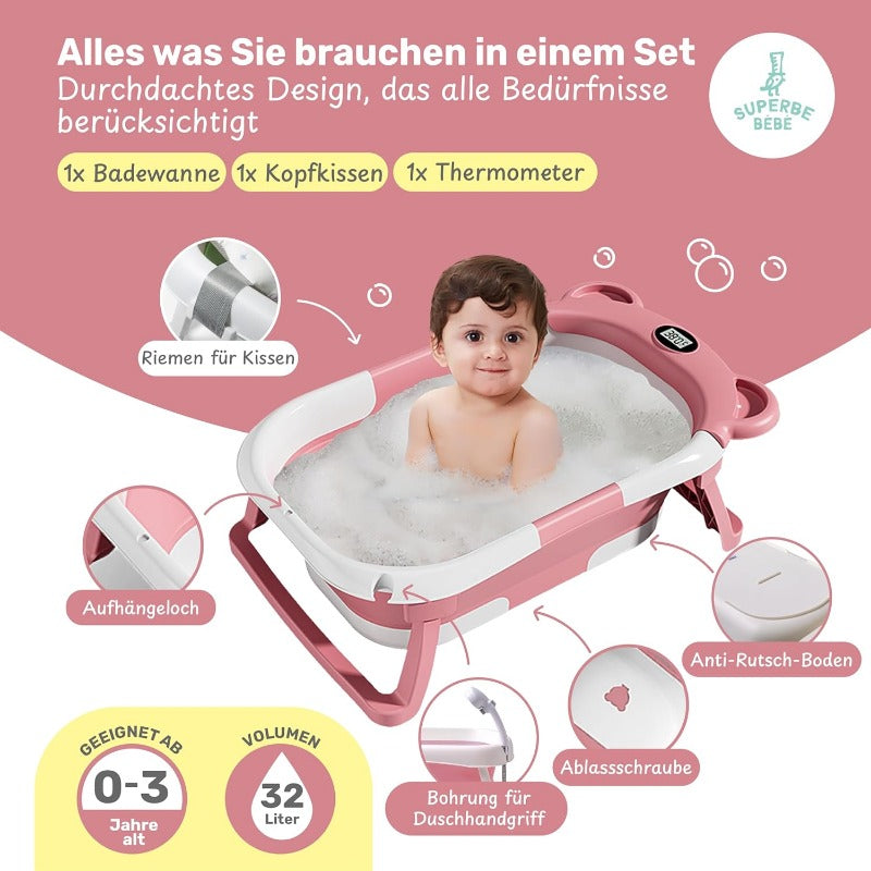 Faltbare Babybadewanne Mit Badekissen Und Integriertem Thermometer - Kinderbadewanne Mit Kostenlosem Badewannenhalter - Ideal Als Geburtsgeschenk Für Mädchen Oder Jungen - Von Geburt An Baby-Badewanne