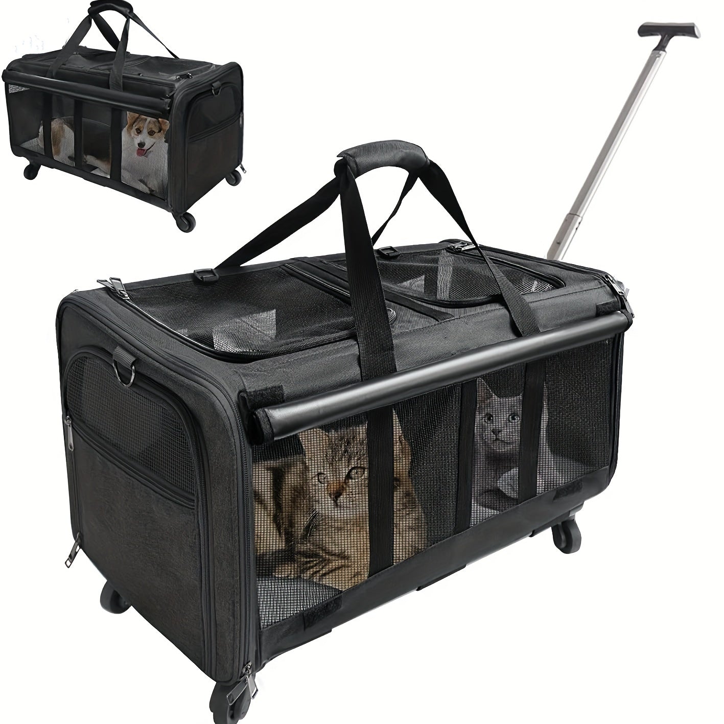 Rollende Transportbox mit zwei Fächern und Rädern für 2 Katzen und Welpen - abnehmbare Transportbox mit bequemem Griff und atmungsaktiven Mesh-Fenstern