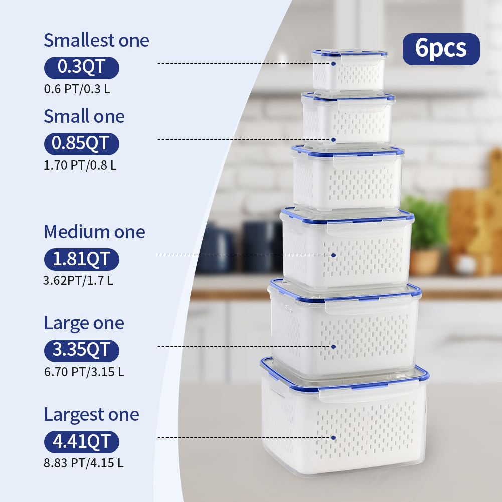 6 große Obstbehälter für den Kühlschrank – auslaufsichere Frischhaltedosen mit herausnehmbarem Sieb – spülmaschinen- und mikrowellengeeignete Obst- und Gemüsebehälter halten Obst, Gemüse, Beeren und Fleisch länger frisch