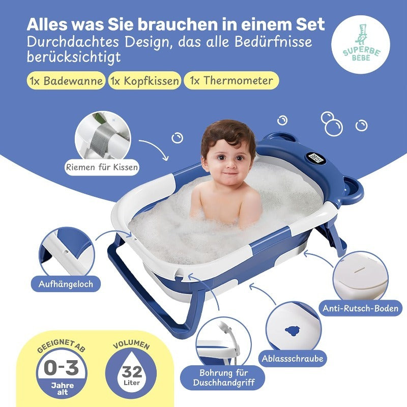 Faltbare Babybadewanne Mit Badekissen Und Integriertem Thermometer - Kinderbadewanne Mit Kostenlosem Badewannenhalter - Ideal Als Geburtsgeschenk Für Mädchen Oder Jungen - Von Geburt An Baby-Badewanne