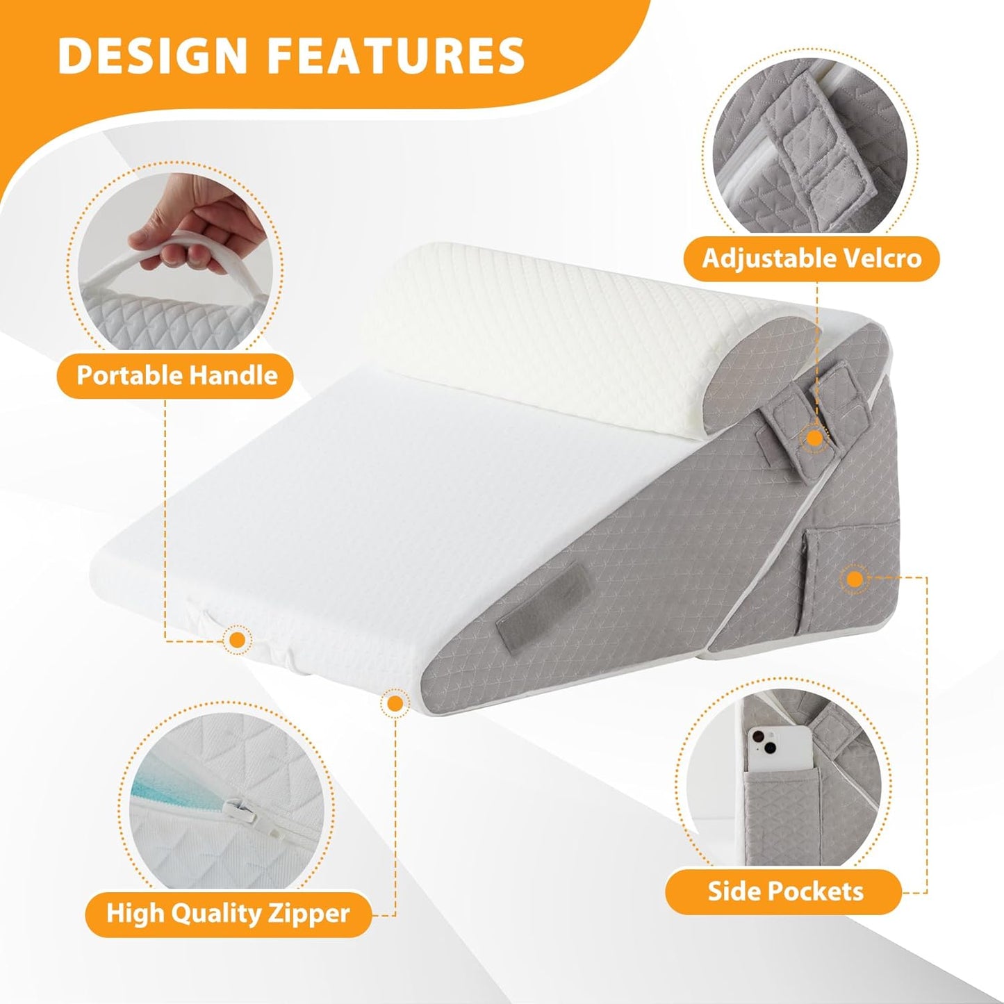 Wedge Pillow Headboard, 3PCS Orthopedic Bed Wedge Pillows Set for After Surgery, Adjustable Pillow Wedge for Acid Reflux&Back Pain Relief, Sleeping, Back Pillow for Bed Sitting Up, White/Grey