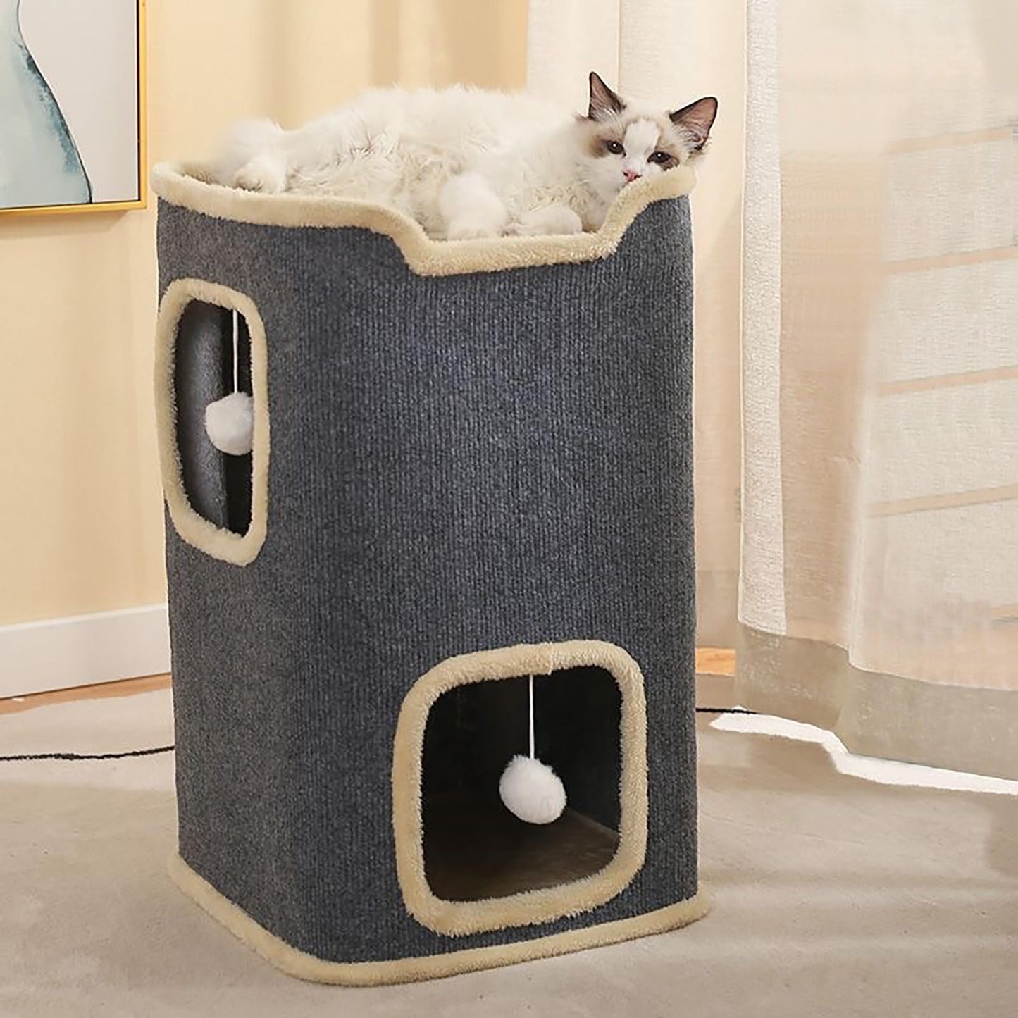 2-lagiges Katzenhaus für Hauskatzen, langlebiges Katzenwürfel-Spielhaus mit baumelnden Bällen, perfekt für mehrere Haustiere