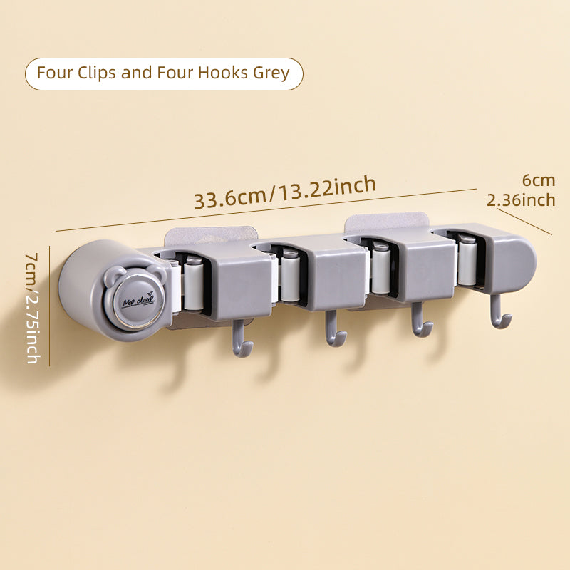 Broom Holder Mop Hanger Wall Mount Metal Organization Garage Storage System Garden Kitchen Tool Organizer (4 Racks with 5 Hooks, Silver)