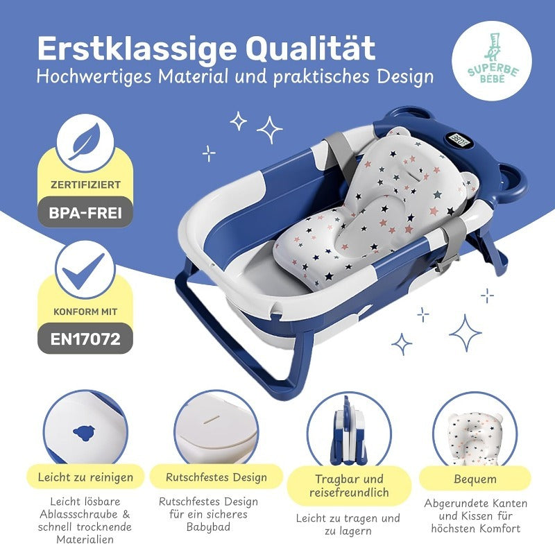 Faltbare Babybadewanne Mit Badekissen Und Integriertem Thermometer - Kinderbadewanne Mit Kostenlosem Badewannenhalter - Ideal Als Geburtsgeschenk Für Mädchen Oder Jungen - Von Geburt An Baby-Badewanne