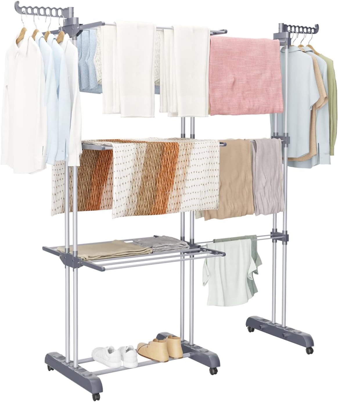 Innotic Clothes Drying Rack 4-Tier Foldable Standing Garment Dryer Collapsible Movable Laundry Airer with 4-Wheels for Home Storage Indoor