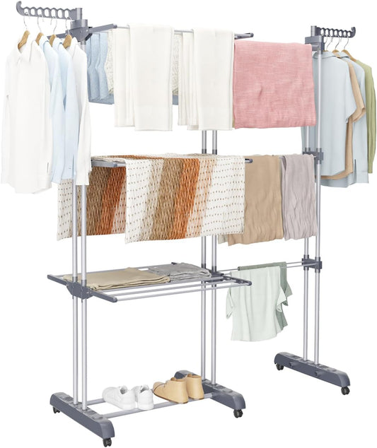 Innotic Clothes Drying Rack 4-Tier Foldable Standing Garment Dryer Collapsible Movable Laundry Airer with 4-Wheels for Home Storage Indoor