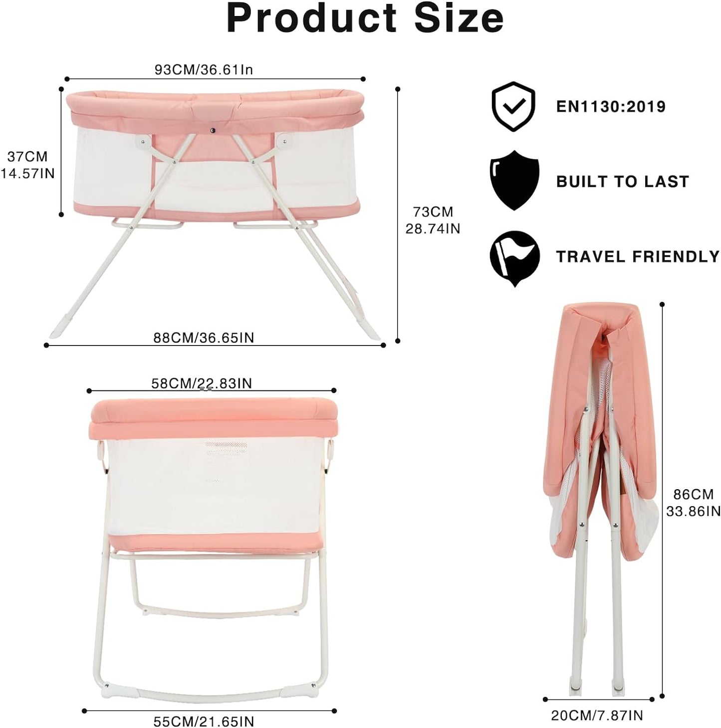 UBRAVOO Babybett, 2-in-1-Babybetten und Babywiegen, Einfach Zusammenklappbares Reisebett mit Matratze Inklusive, Multifunktionales Stubenwagen Baby für Neugeborene-Rosa