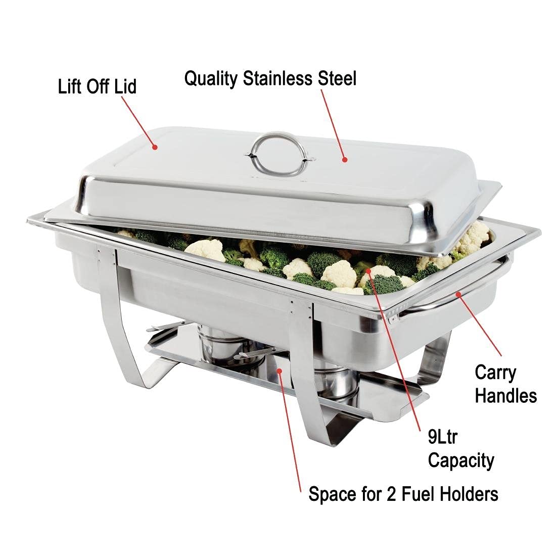 Chafing Stainless Steel Food Warmer Set 1/1 GN / 9 Litre, Silver - Includes Heat-Insulating Lid, Water Pan, Food Pan, Frame, Fuel Holder - Commercial & Home Use