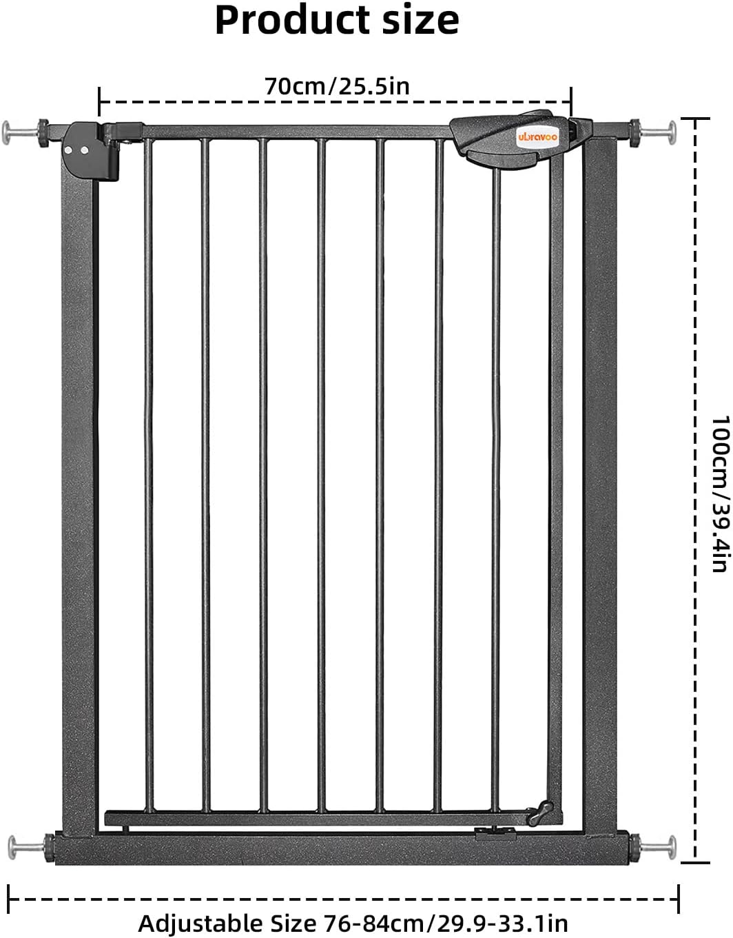 UBRAVOO Babygitter für Türen und Treppen, Höhe 100 cm, Sicherheits-Haustiergitter, Spannungstyp,automatische Schließung, hohe Ausführung, dreifache Verriegelung, offen (Breite:76-84cm)