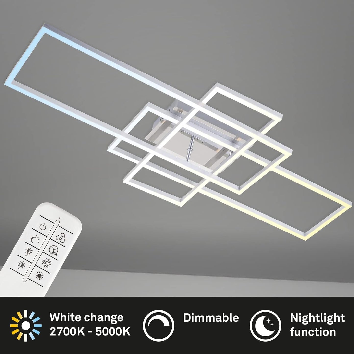 LED Deckenlampe mit Fernbedienung, dimmbar, einstellbar von warmweiß bis neutralweiß, LED Lampe, LED Deckenleuchte, Wohnzimmerlampe, Schlafzimmerlampe, Küchenlampe, 104x42x10 cm, Chrom-Alu