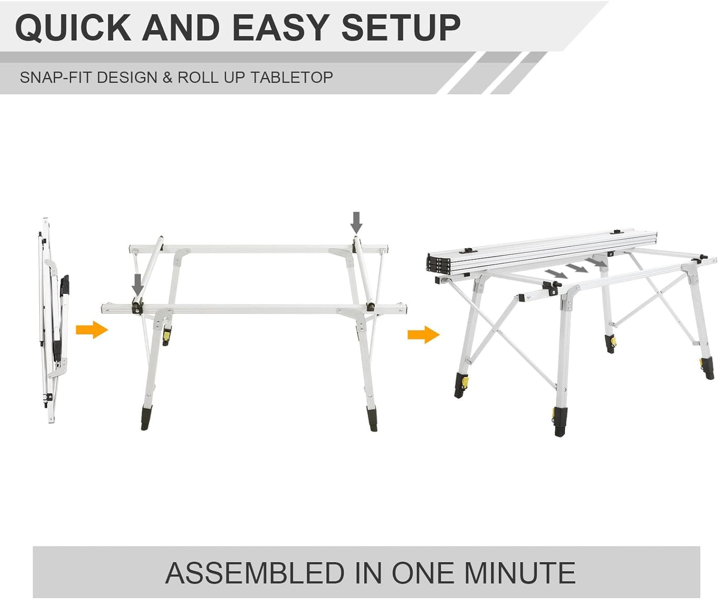 Outdoor Folding Portable Camping Table with Adjustable Height Aluminum Roll Up Table Top Mesh Layer, Silver