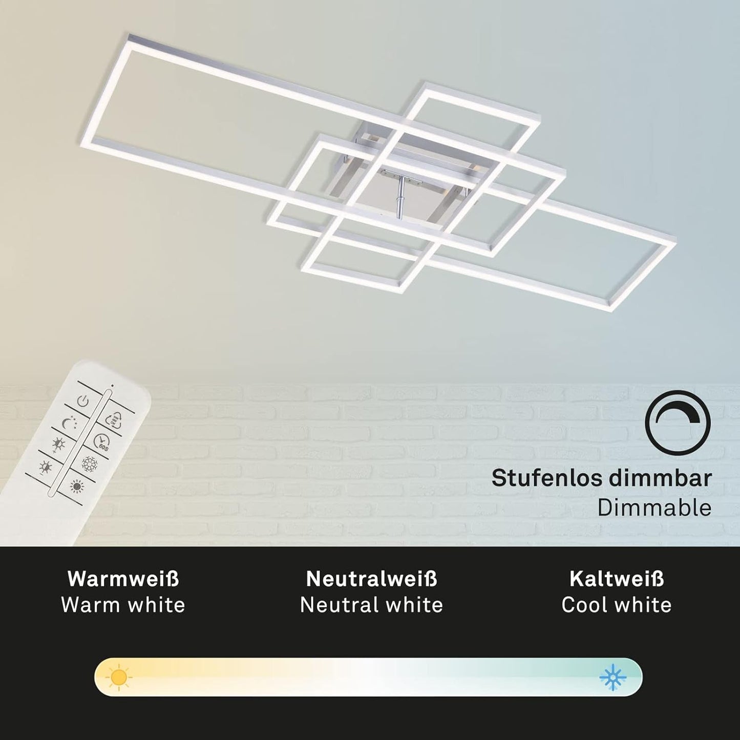 LED Deckenlampe mit Fernbedienung, dimmbar, einstellbar von warmweiß bis neutralweiß, LED Lampe, LED Deckenleuchte, Wohnzimmerlampe, Schlafzimmerlampe, Küchenlampe, 104x42x10 cm, Chrom-Alu