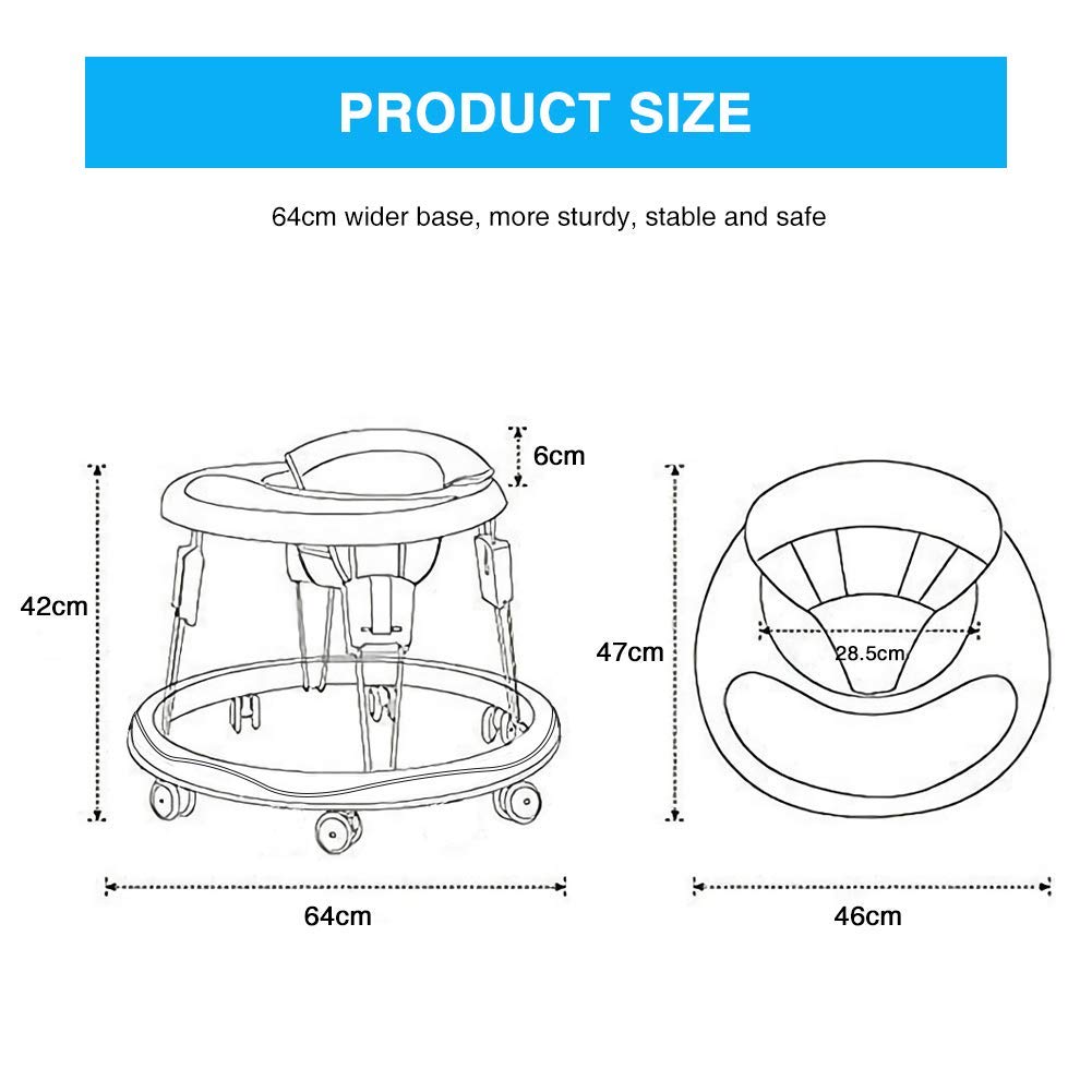 YEALEO Verstellbare Lauflernhilfen, Leicht zu reinigendes Tablett, Universal-Rollator Anti-Rollover Folding Walker für Mädchen Jungen 6-18 Monate(Schwarz）