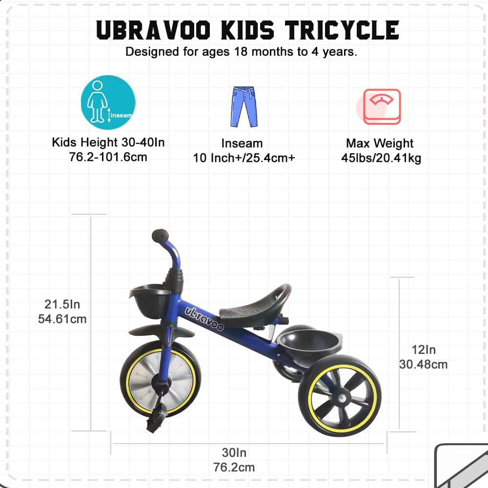 UBRAVOO Laufräder Kinderdreirad, Baby Dreirad, 3-Rad-Fahrrad für 2,5 bis 5/2-4-jährige Jungen und Mädchen, Dreirad mit Ablagekorb vorne und hinten