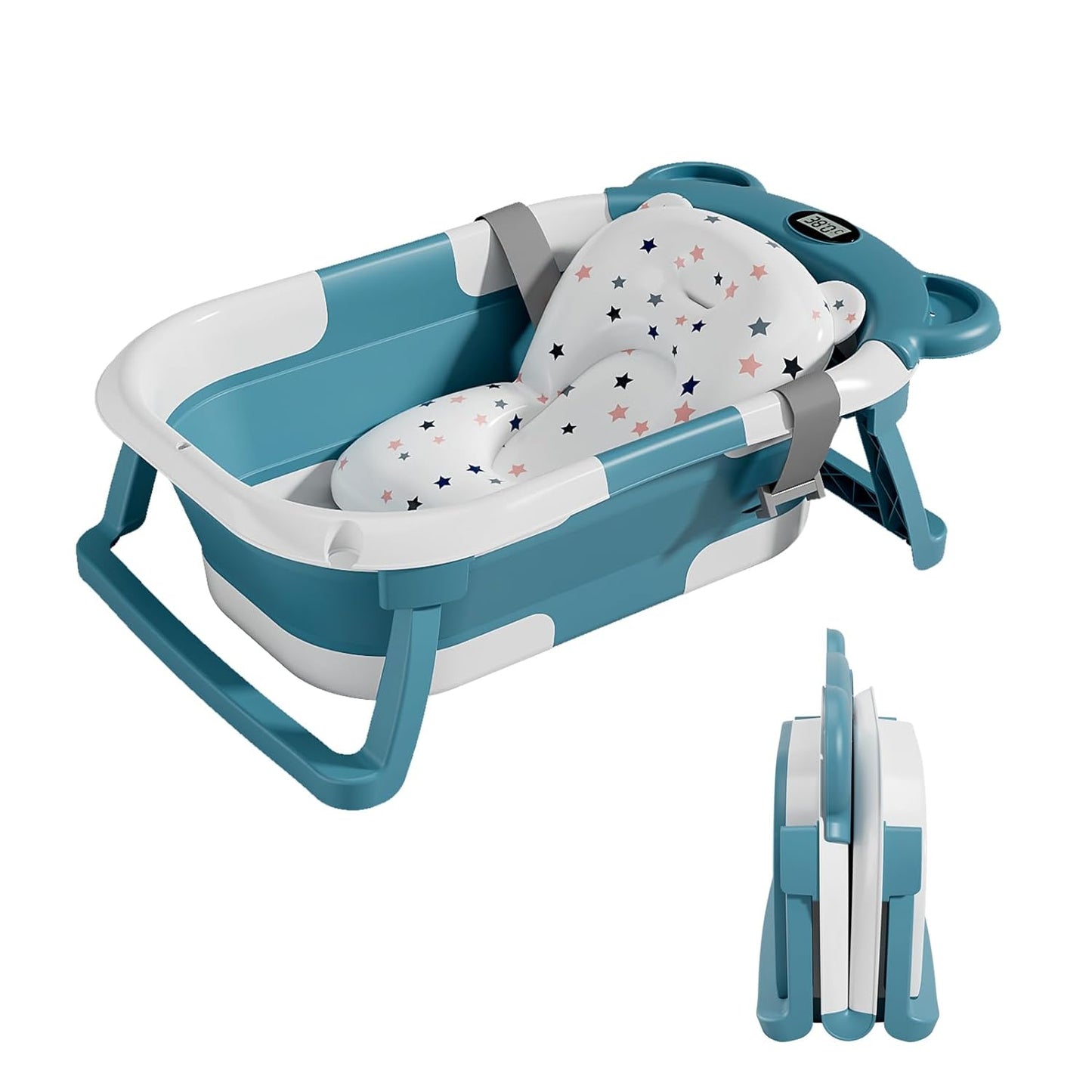 Faltbare Babybadewanne Mit Badekissen Und Integriertem Thermometer - Kinderbadewanne Mit Kostenlosem Badewannenhalter - Ideal Als Geburtsgeschenk Für Mädchen Oder Jungen - Von Geburt An Baby-Badewanne