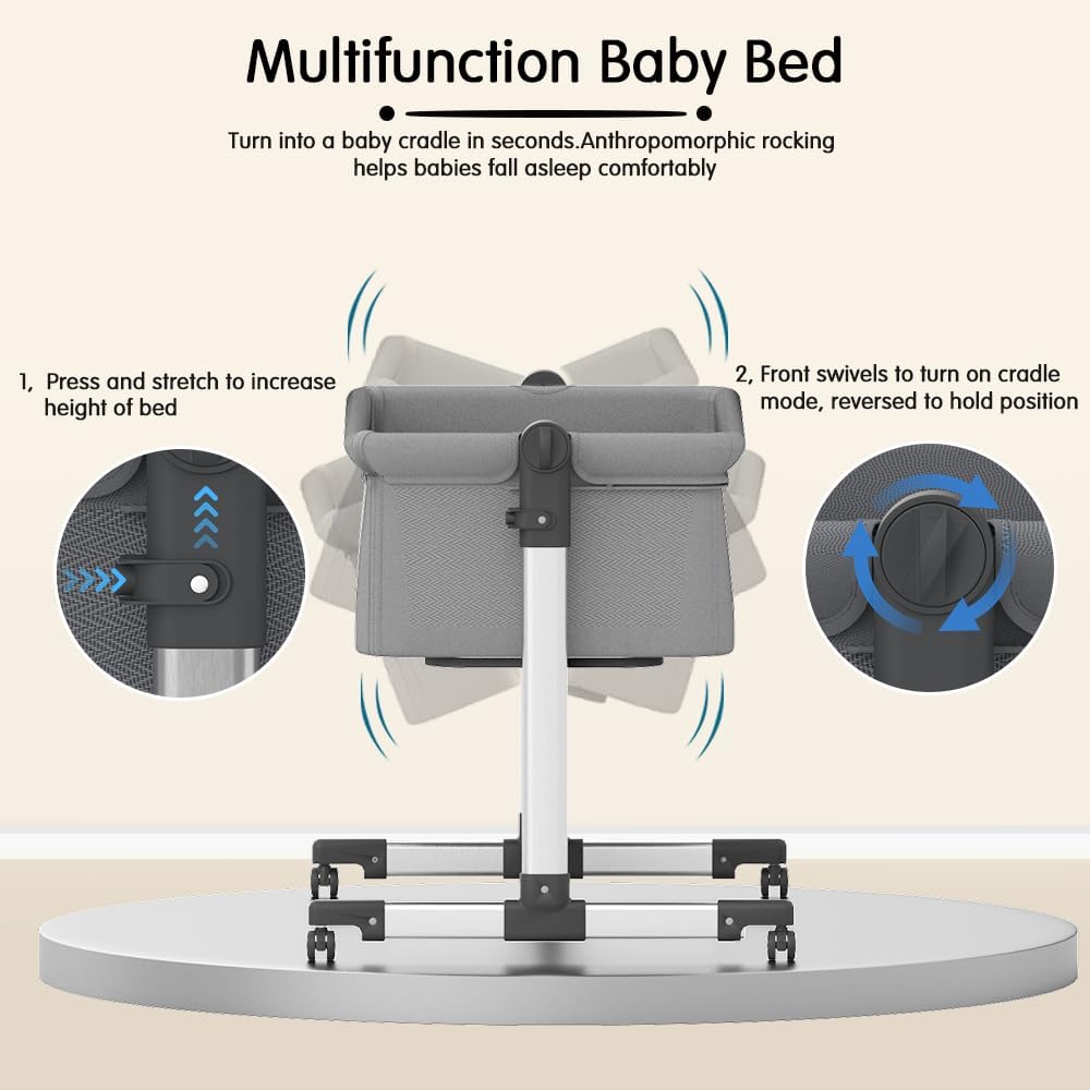 UBRAVOO Beistellbett Baby,Multifunktionales Baby Reisebett mit Matratze,Tragbares Nachtbett mit Integrierten Leisen Rädern für Kleinkinder/Neugeborene