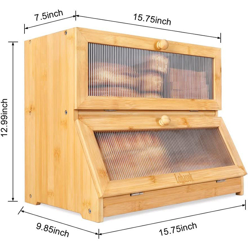 Stylish Bread Bin for Kitchen Countertop, Extra Large 2-Shelf Wooden Bread Box with Clear Windows and Air Vents Keeps Bread, Bagels and Rolls Fresh.  Self Assembly