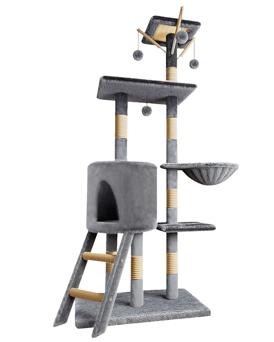 Cat Tree – 146cm Play Cat Tower with Sisal Scratching Posts for Indoor Kittens, Multi Level House, Large Climbing Frame with House, Ladder and Hammock – Grey