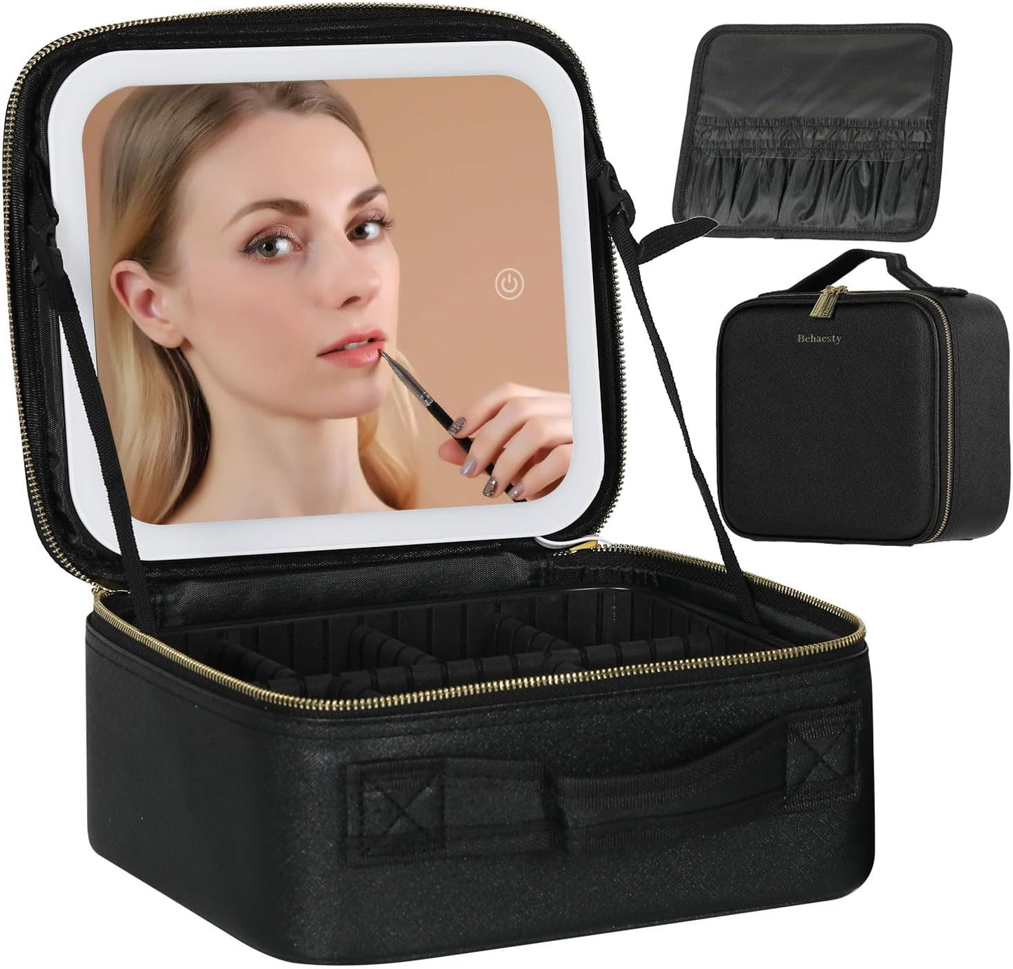 Reise-Make-up-Tasche mit LED-beleuchtetem Spiegel, Kosmetik-Make-up-Organizer-Tasche mit 3 Farbeinstellungen, Make-up-Etui mit verstellbaren Trennwänden für Damen, Make-up-Pinsel, Schmuckzubehör