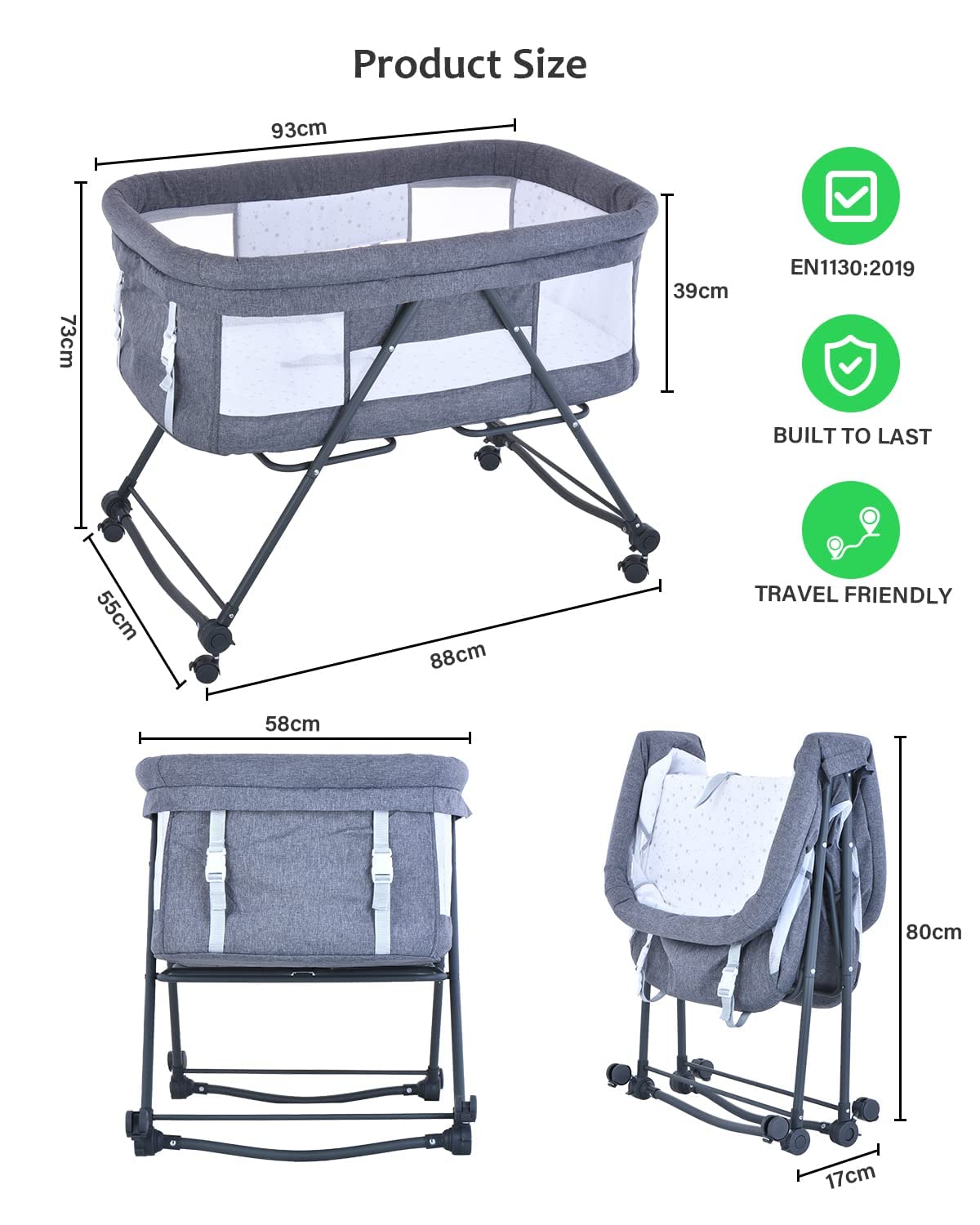 UBRAVOO Faltbares beistellbett Baby, Grab-and-go Baby Bett mit Matratze & Rädern für Neugeborene, Kinderreisebett I Kinderbett I Zustellbett, Bravo Basic, Grau