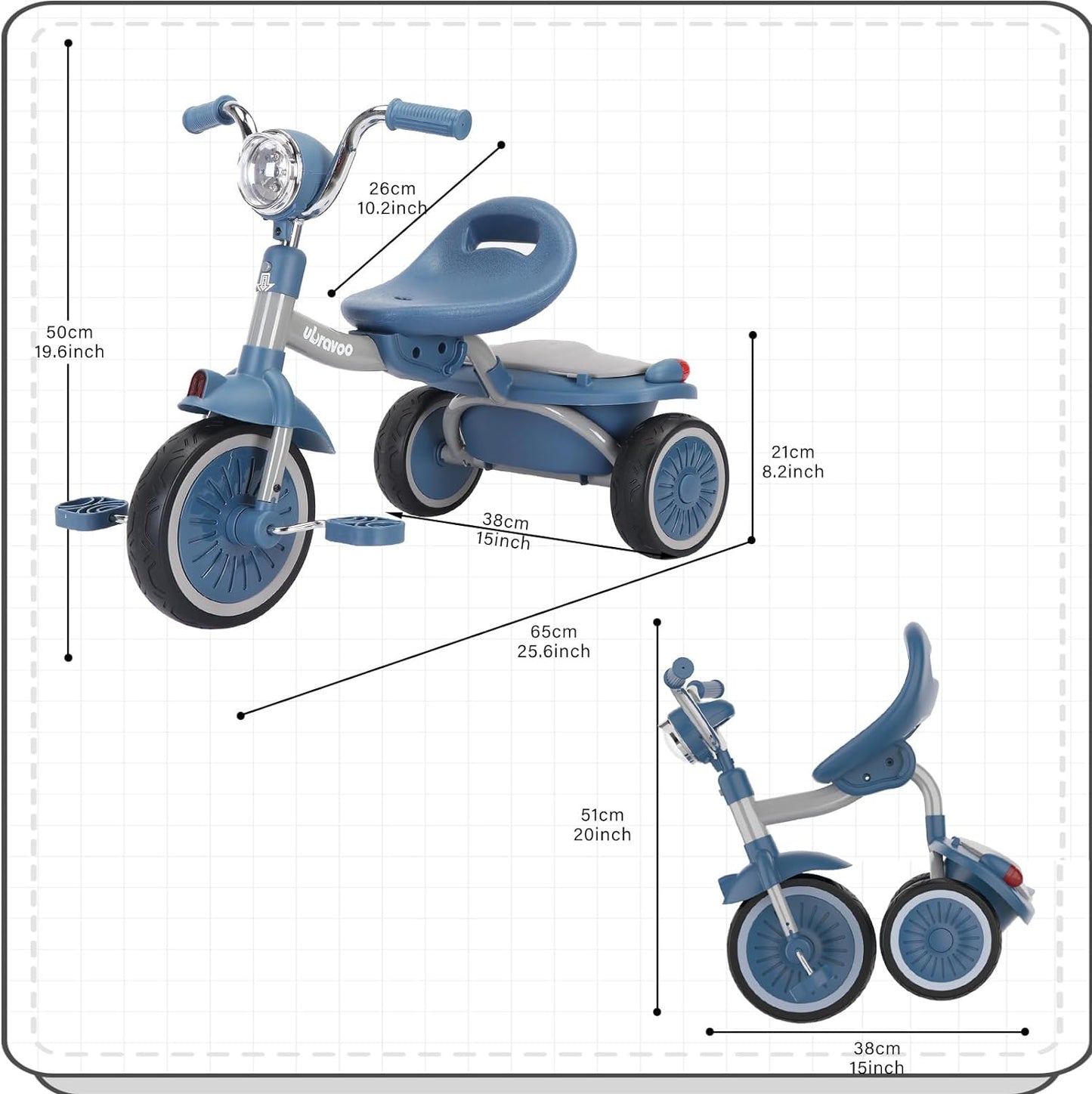 UBRAVOO Baby Dreirad, Klappbares Kleinkind-Dreirad mit Pedalen, Coole Lichter, Robuste Räder und Bequemer Sitz, Baby Erstes Lauflern-Dreirad für 1-5 Jahren im Alter Mädchen und Jungen (Blau)