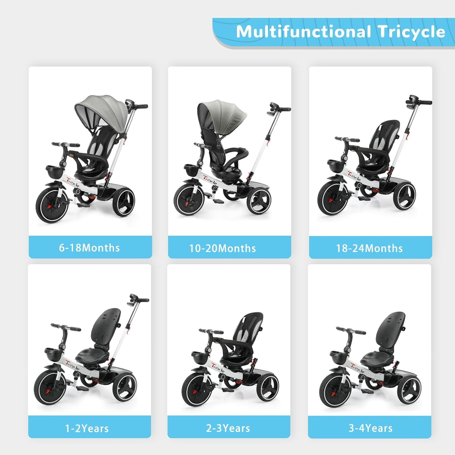 UBRAVOO Baby Dreirad mit Schubstange, 6-in-1-Baby-Push-Bike-Lenk-Kinderwagen, Lernendes Kinderdreirad/Abnehmbare Leitplanke, Verstellbares Verdeck, Sicherheitsgurt, Stoßdämpfungsdesign