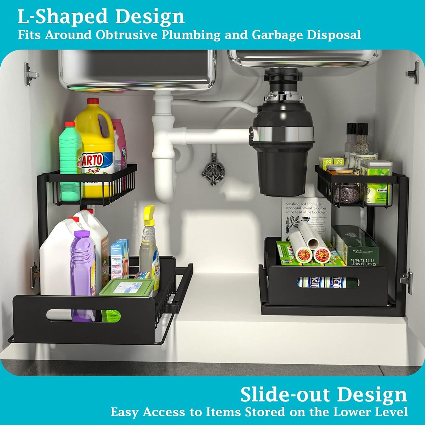 Under Sink Organizer and Storage, 2 Pack Pull Out Cabinet Organizer Slide Out Sink Shelf Cabinet Storage Shelves, Under Sink Storage for Kitchen Bathroom Cabinet