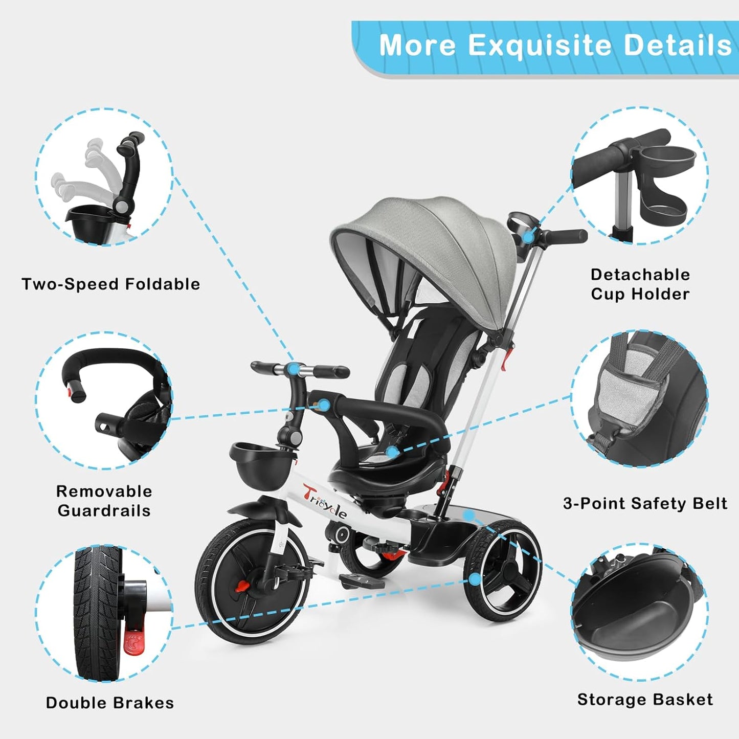 UBRAVOO Baby Dreirad mit Schubstange, 6-in-1-Baby-Push-Bike-Lenk-Kinderwagen, Lernendes Kinderdreirad/Abnehmbare Leitplanke, Verstellbares Verdeck, Sicherheitsgurt, Stoßdämpfungsdesign