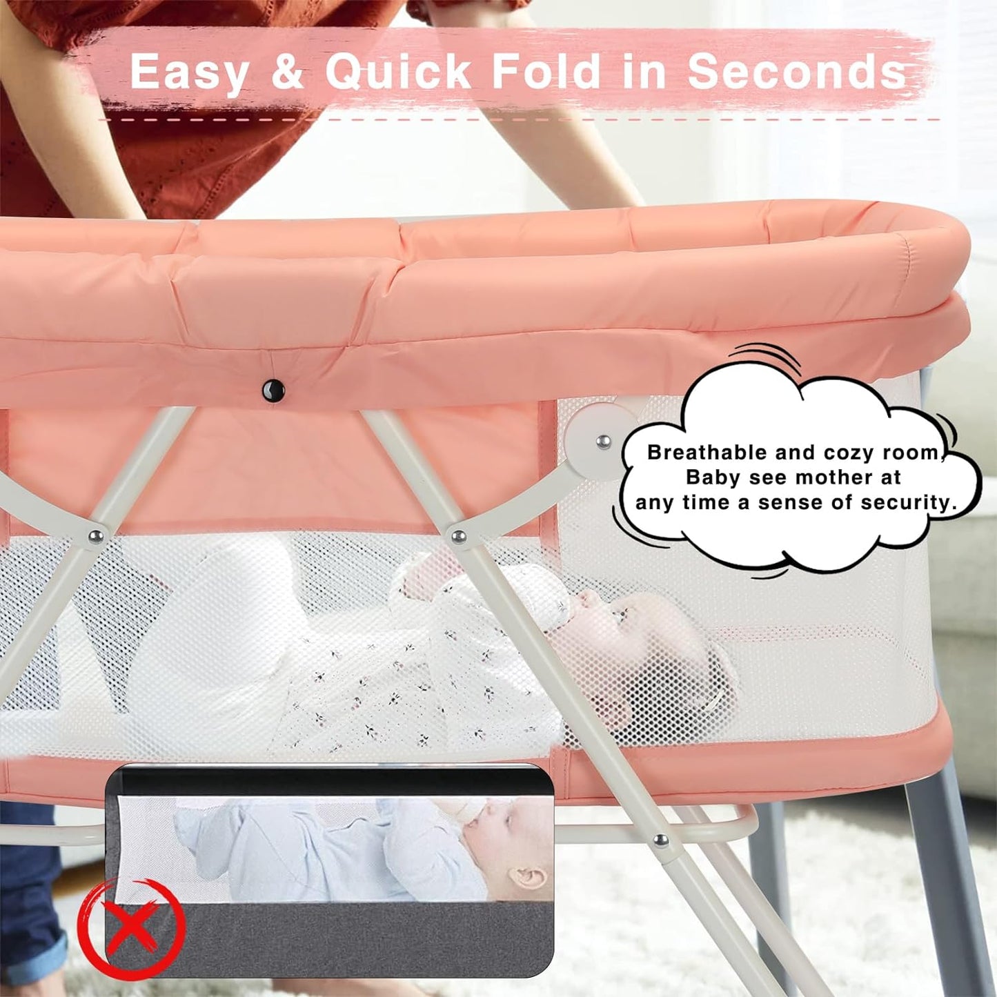 UBRAVOO Babybett, 2-in-1-Babybetten und Babywiegen, Einfach Zusammenklappbares Reisebett mit Matratze Inklusive, Multifunktionales Stubenwagen Baby für Neugeborene-Rosa