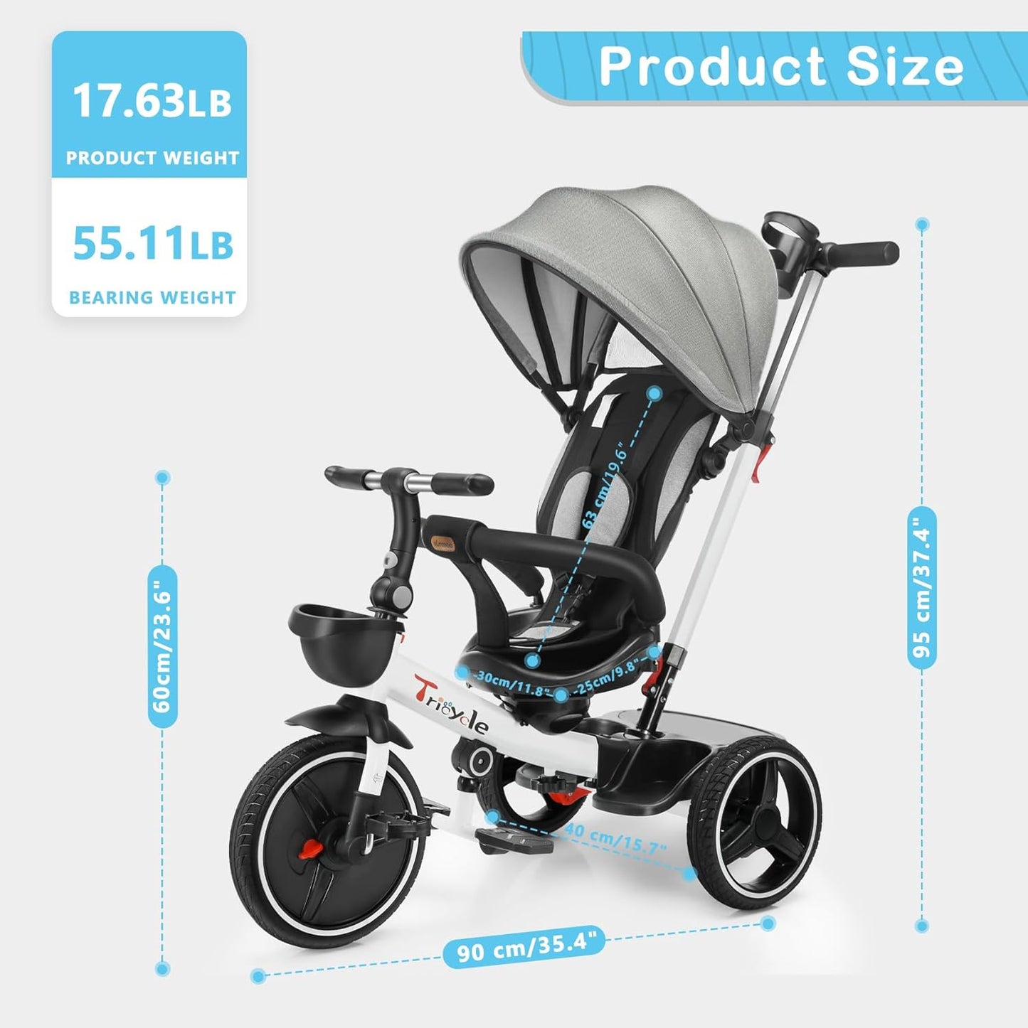 UBRAVOO Baby Dreirad mit Schubstange, 6-in-1-Baby-Push-Bike-Lenk-Kinderwagen, Lernendes Kinderdreirad/Abnehmbare Leitplanke, Verstellbares Verdeck, Sicherheitsgurt, Stoßdämpfungsdesign