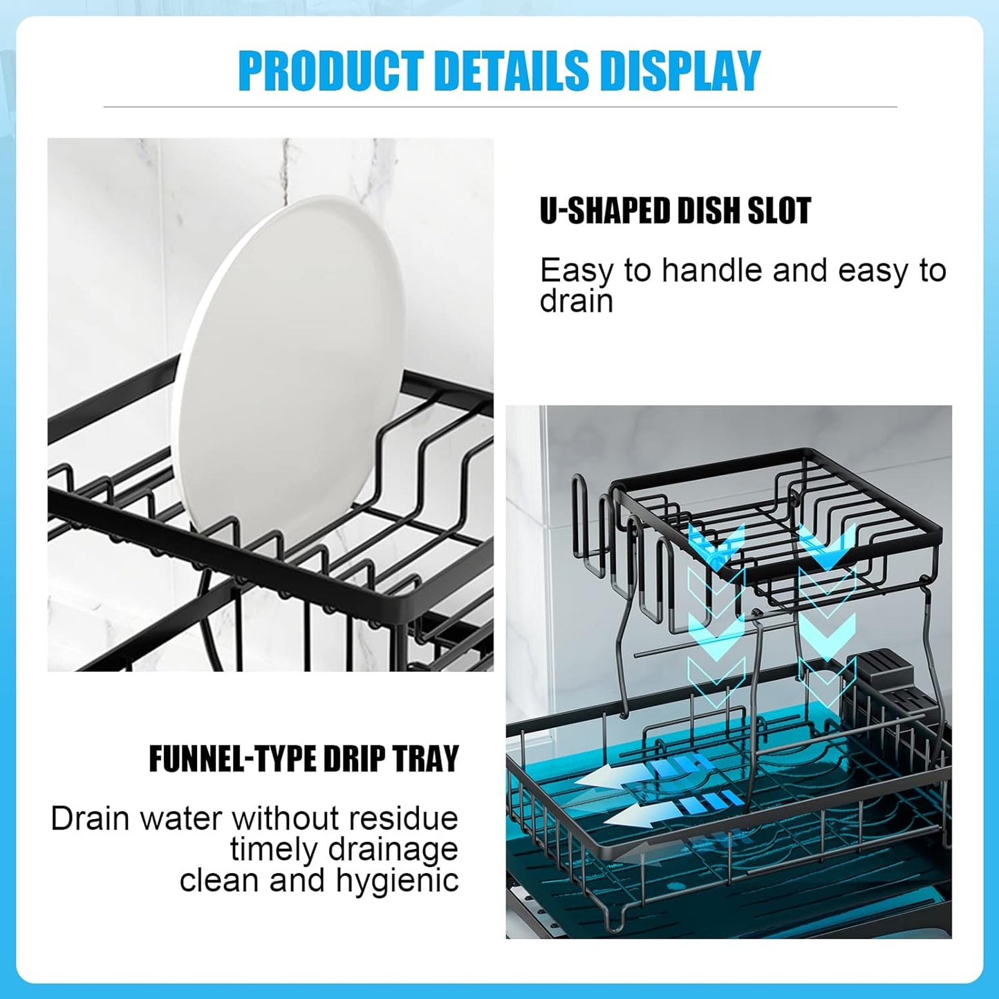 Kitchen Counter, Detachable Large Capacity Dish Drainer Organizer with Utensil Holder, 2-Tier Dish Drying Rack with Drain Board, Black