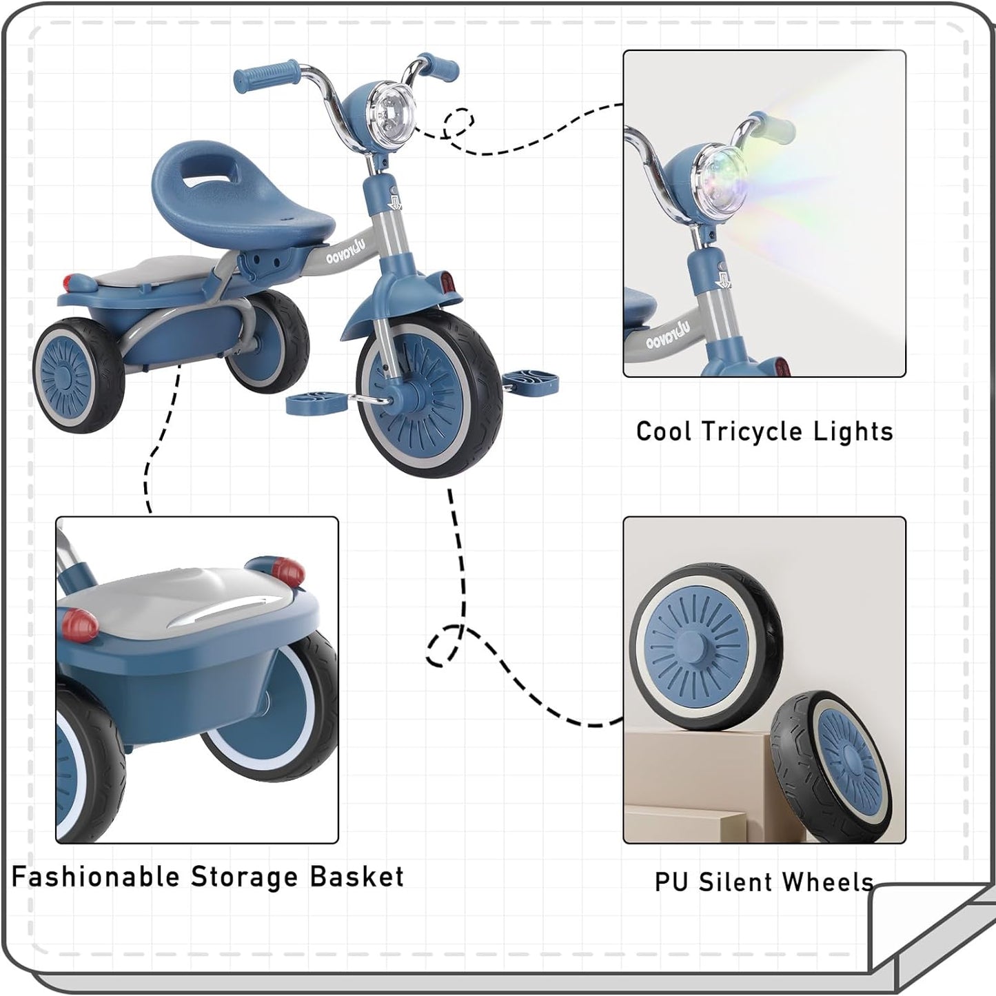 UBRAVOO Baby Dreirad, Klappbares Kleinkind-Dreirad mit Pedalen, Coole Lichter, Robuste Räder und Bequemer Sitz, Baby Erstes Lauflern-Dreirad für 1-5 Jahren im Alter Mädchen und Jungen (Blau)