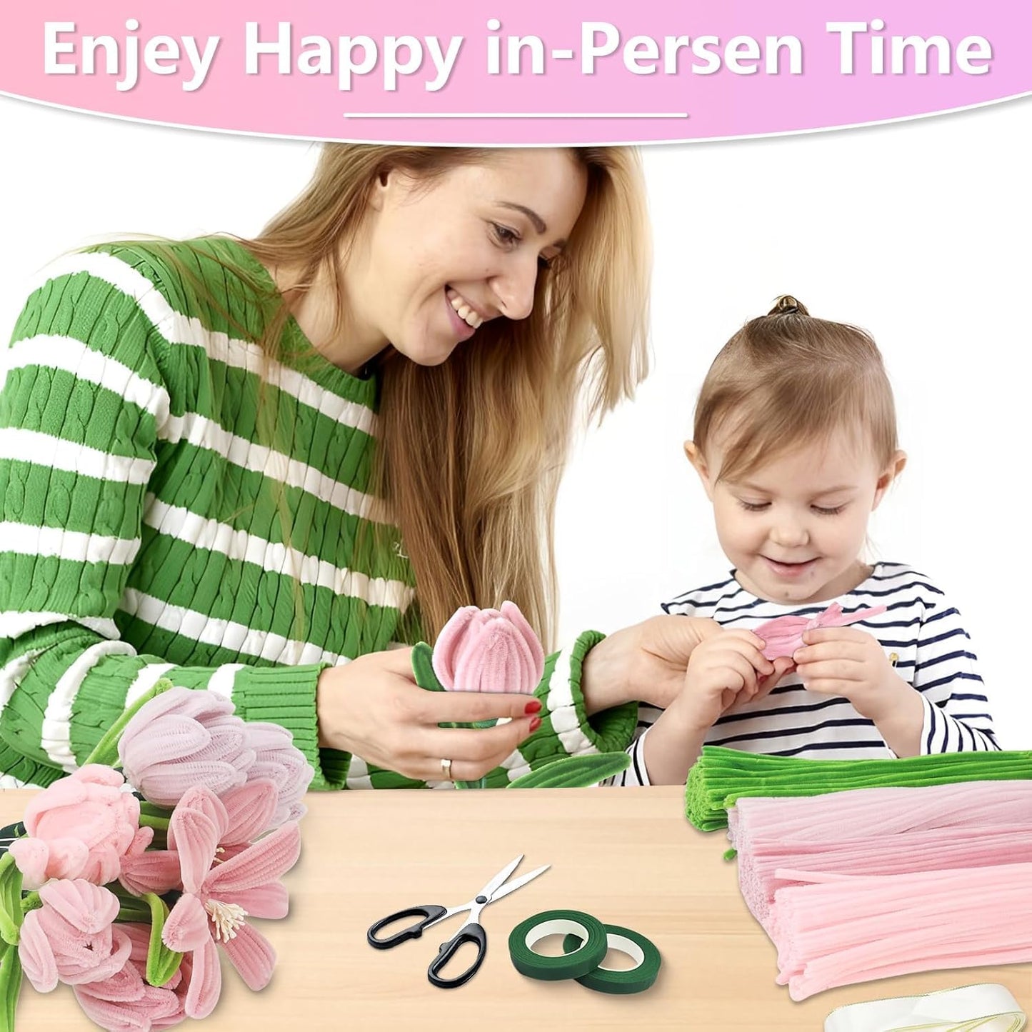 Rosa Tulip Bouquet Pfeifenreiniger Set, 400 Stück Pfeifenputzer zum Basteln 4 Farben Pipe Cleaner mit 20 Stück Grünem Bastelfaden, Geschenkband, Klebeband（Dunkelrosa, Mittelrosa, Hellrosa）