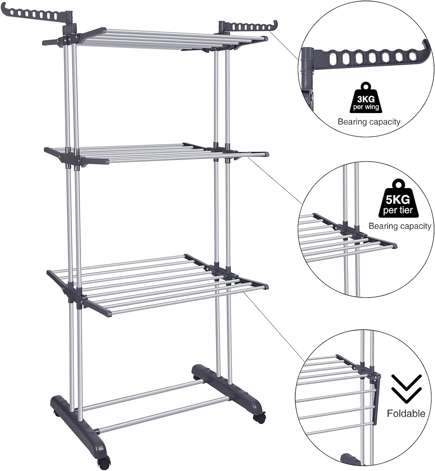 Innotic Clothes Drying Rack 4-Tier Foldable Standing Garment Dryer Collapsible Movable Laundry Airer with 4-Wheels for Home Storage Indoor