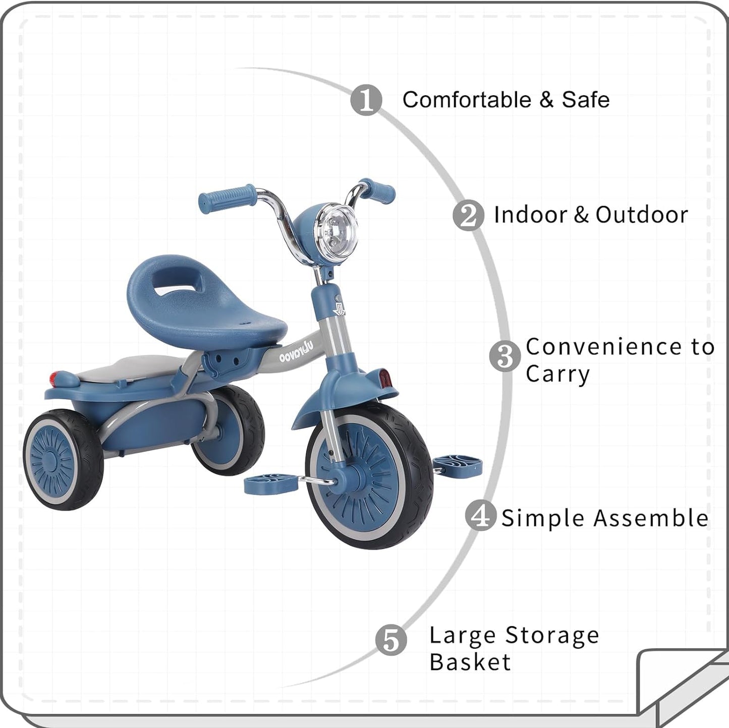 UBRAVOO Baby Dreirad, Klappbares Kleinkind-Dreirad mit Pedalen, Coole Lichter, Robuste Räder und Bequemer Sitz, Baby Erstes Lauflern-Dreirad für 1-5 Jahren im Alter Mädchen und Jungen (Blau)