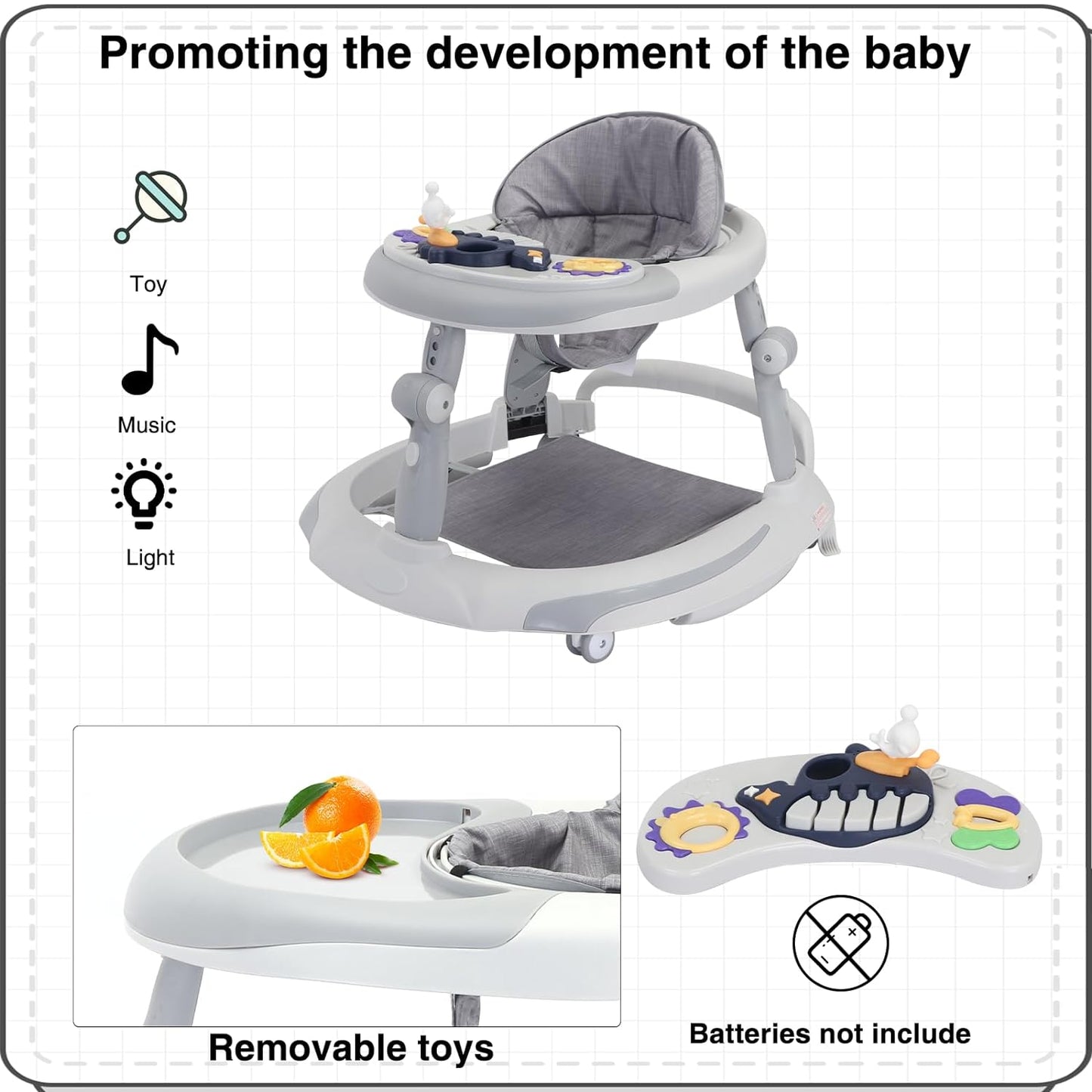 UBRAVOO Baby Lauflernwagen,4-in-1-Baby Gehhilfe,Babyspielzeug, Lauflernwagen ab 6 Monaten mit Fußstütze,abnehmbarem Futtertablett,Schaukelfunktion, Lichtern & Musiktablett (Ohne Batterie)