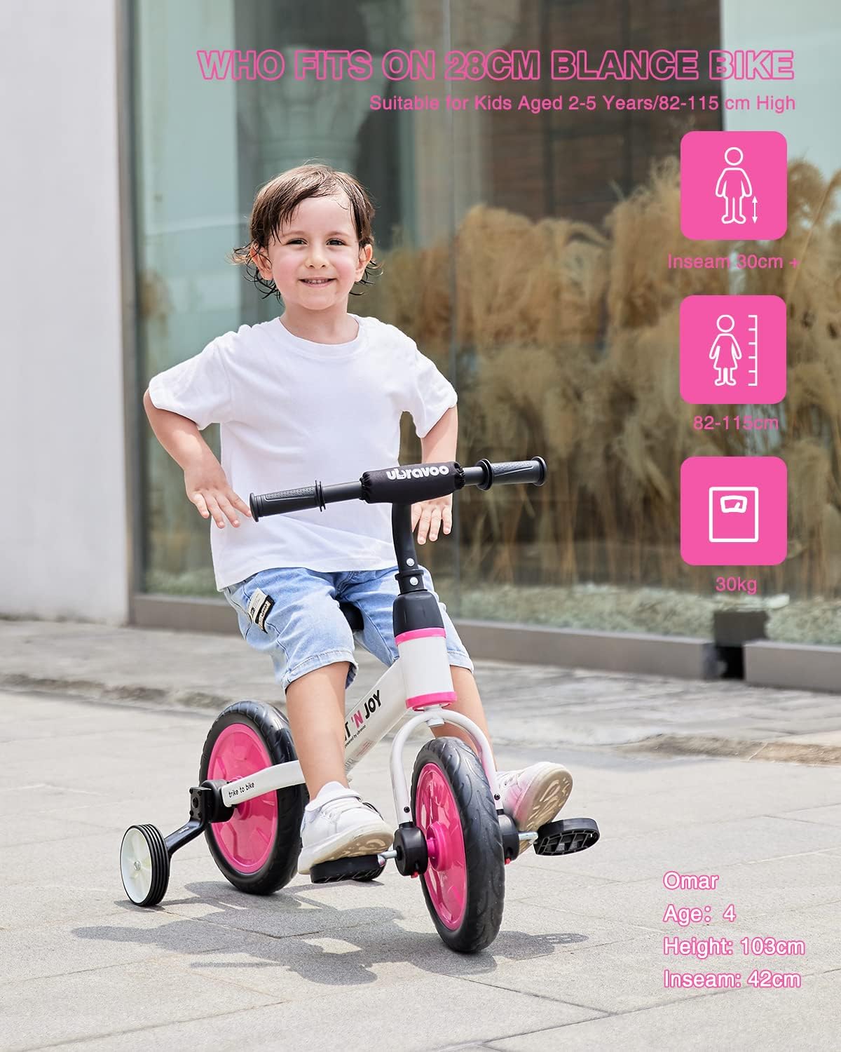 UBRAVOO Fit 'n Joy Kinderfahrrad Fahrräder, 4-in-1 Laufrad für Kinder mit Pedalen und Stützrädern, Trike-to-Bike Kinderrad für Jungen und Mädchen von 2 bis 5 Jahren (Rosa)