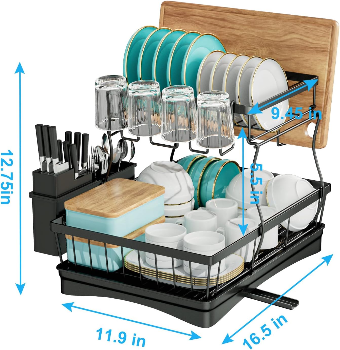 Kitchen Counter, Detachable Large Capacity Dish Drainer Organizer with Utensil Holder, 2-Tier Dish Drying Rack with Drain Board, Black