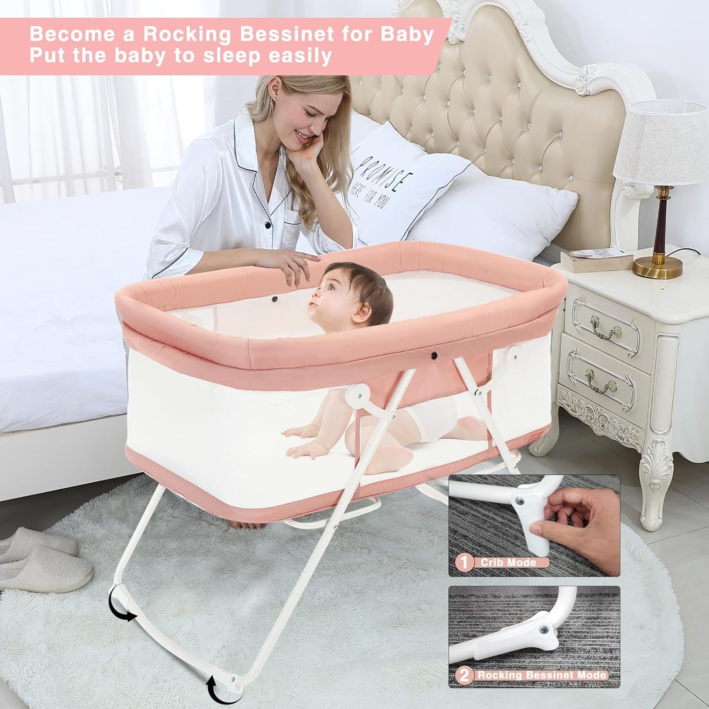 UBRAVOO Babybett, 2-in-1-Babybetten und Babywiegen, Einfach Zusammenklappbares Reisebett mit Matratze Inklusive, Multifunktionales Stubenwagen Baby für Neugeborene-Rosa