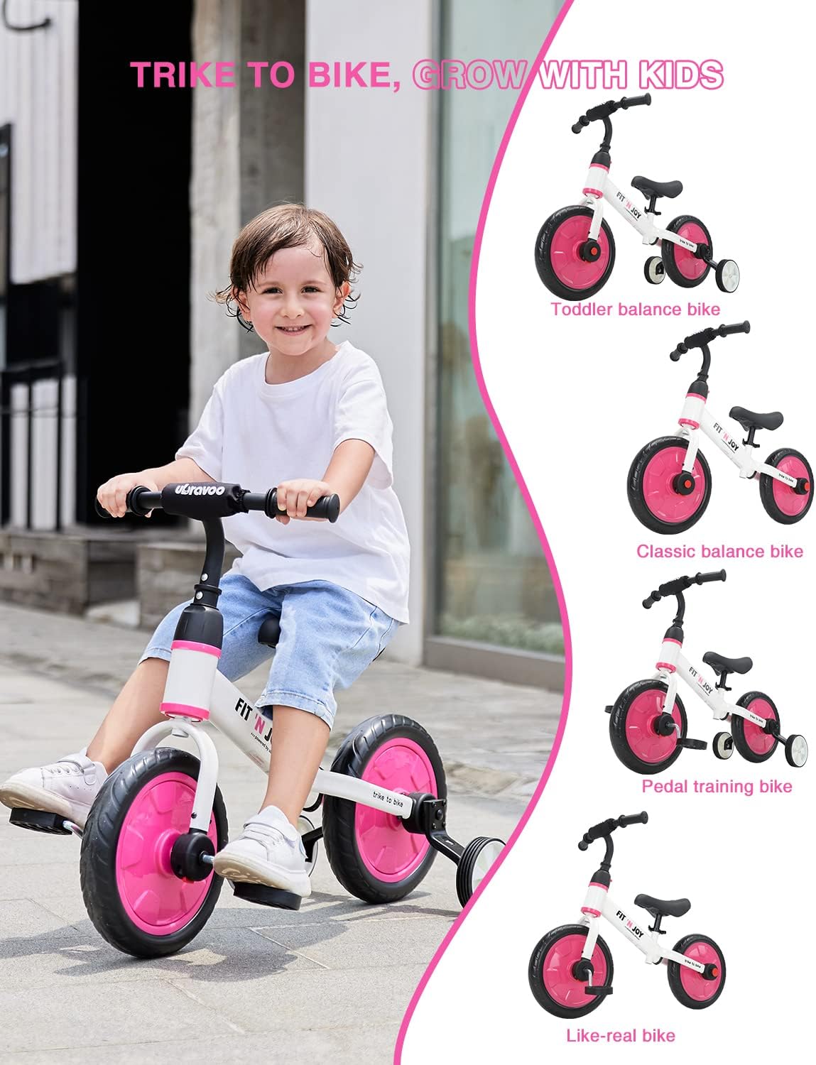 UBRAVOO Fit 'n Joy Kinderfahrrad Fahrräder, 4-in-1 Laufrad für Kinder mit Pedalen und Stützrädern, Trike-to-Bike Kinderrad für Jungen und Mädchen von 2 bis 5 Jahren (Rosa)