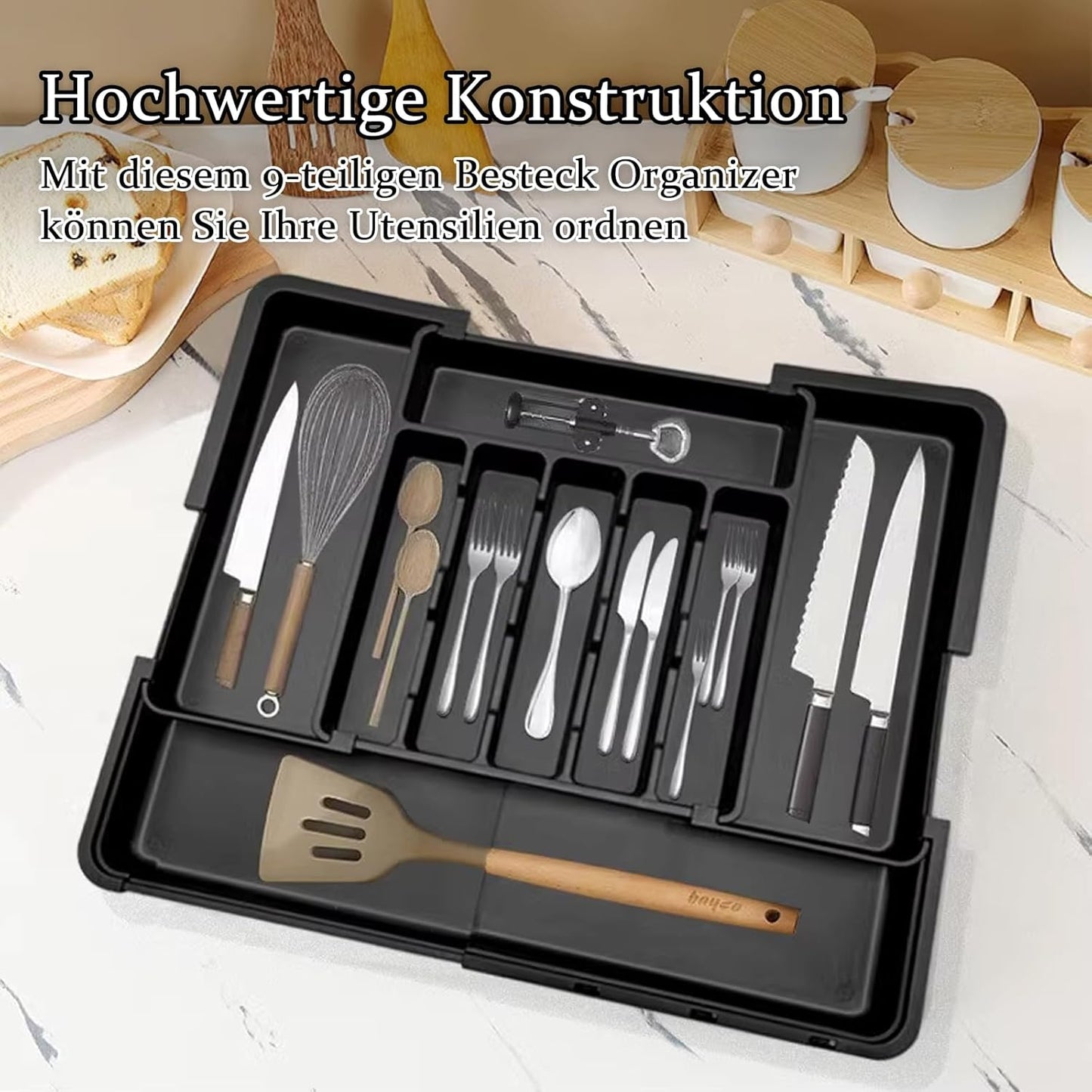 Organizer,Besteckkasten für Schubladen,Küchen Organizer,Verstellbarer Besteckkasten Erweiterbar auf 56 cm Breite (schwarz, messerblock)