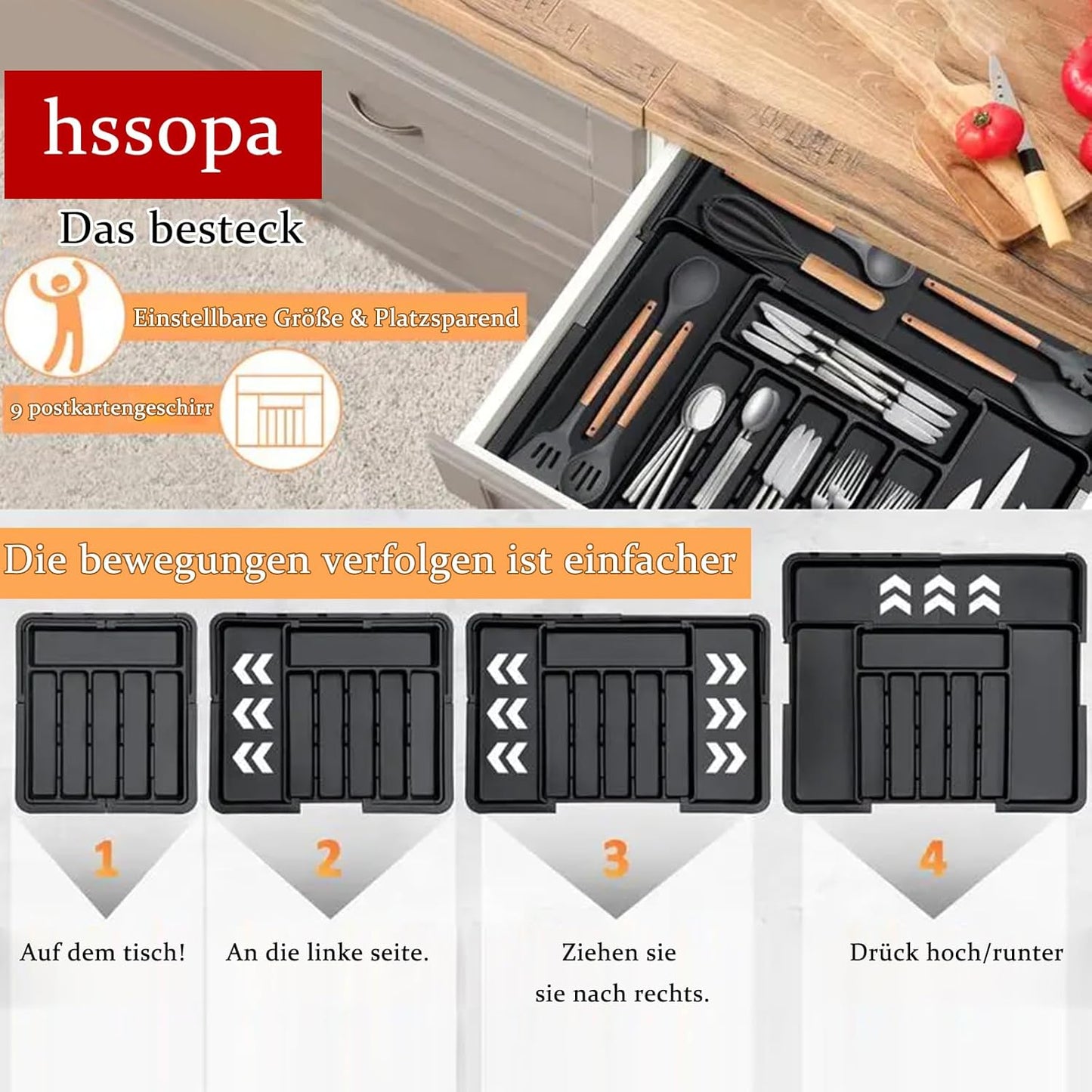 Organizer,Besteckkasten für Schubladen,Küchen Organizer,Verstellbarer Besteckkasten Erweiterbar auf 56 cm Breite (schwarz, messerblock)